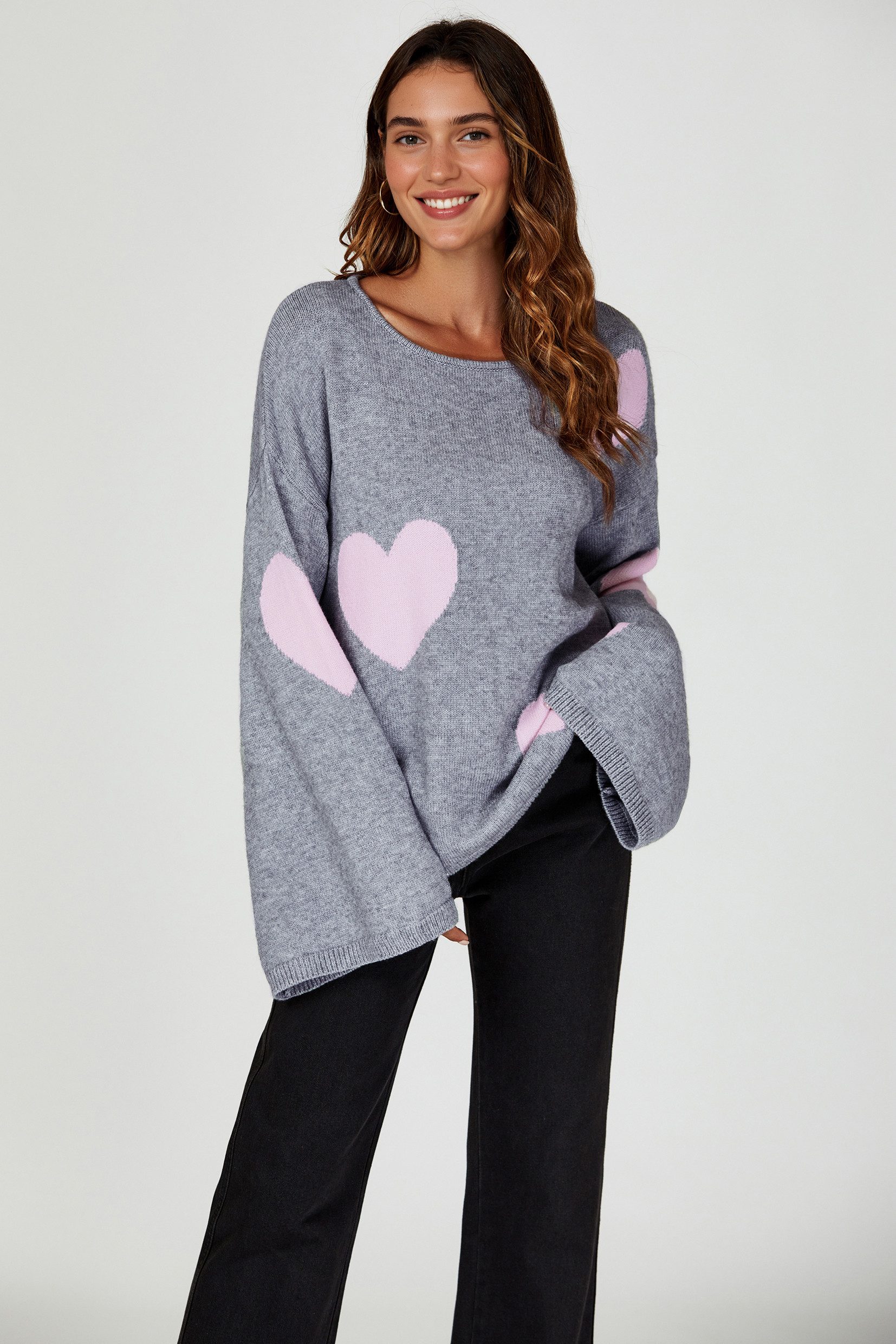 FS Collection Strickpullover Oversize Pullover mit weiten Ärmeln und Herzmuster – Strickwaren (Einheitsgröße: UK 8–12 / EU 36–40, 3 Farben : Rosa - Hellgrau - Dunkelgrau) 100 % Acryl