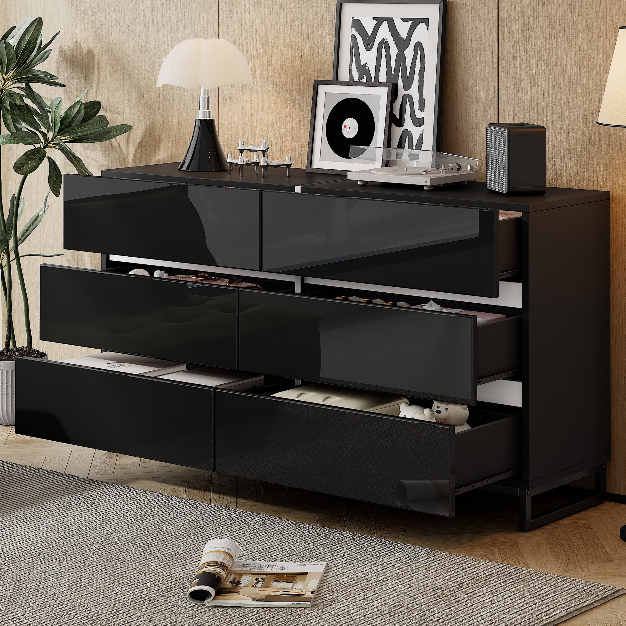 Merax Sideboard hochglanz Wohnzimmerschrank in Weiß-Schwarz günstig online kaufen