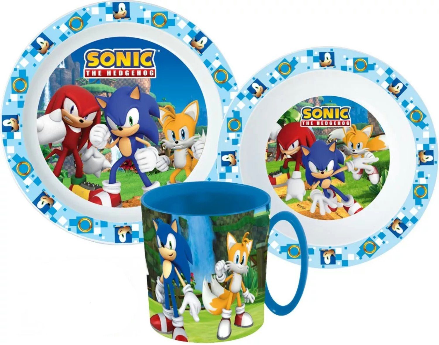 Sonic SEGA Frühstücks-Geschirrset Sonic and Teller Kunststoff, Becher Geschirrset, Müslischalle Kinder Friends