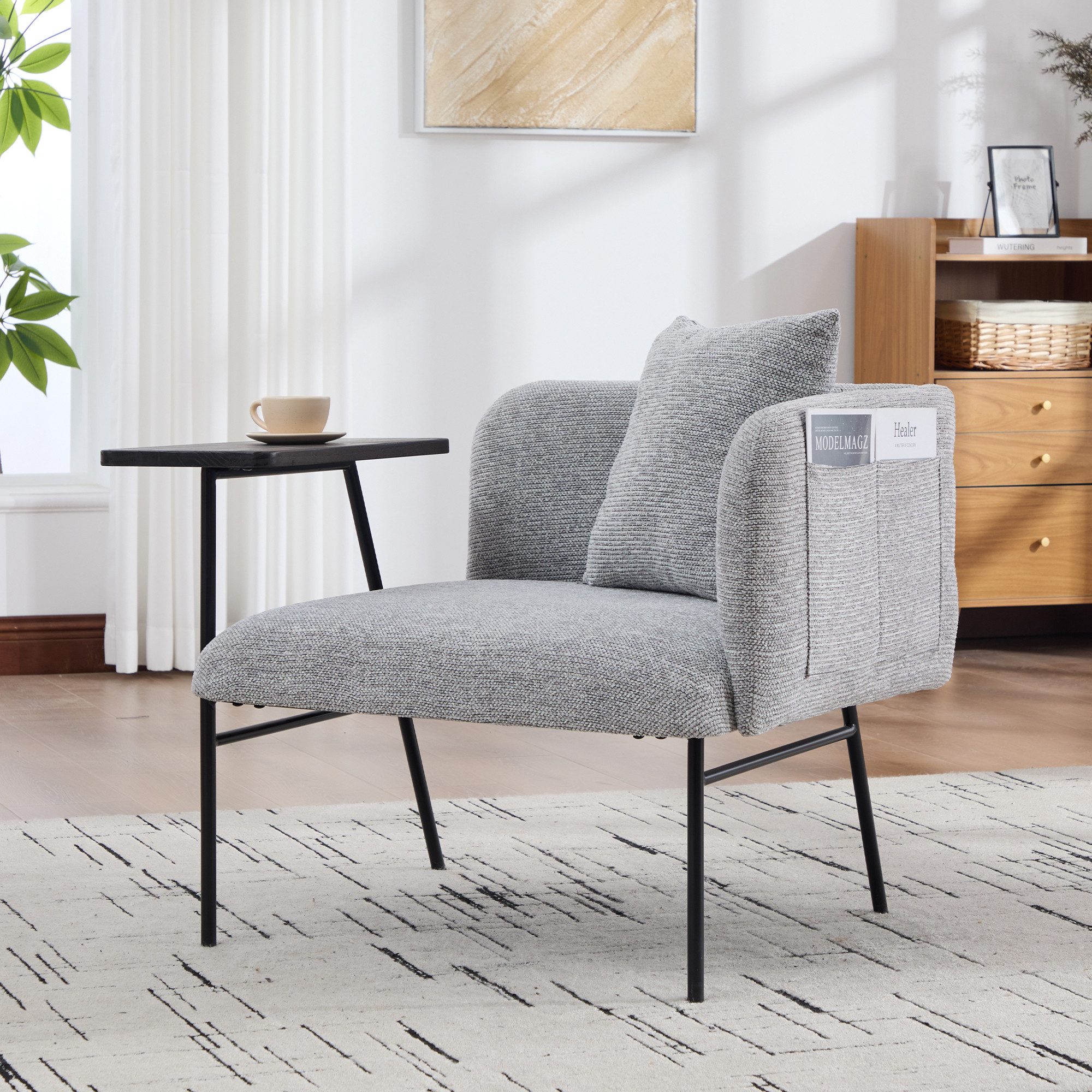 OKWISH Loungesessel Freizeitstuhl Polsterstuhl (mit bequemer Stofflehne, zwei Stauraumfächern & integriertem Beistelltisch mit Metallrahmen), Relaxsessel Freizeitstuhl