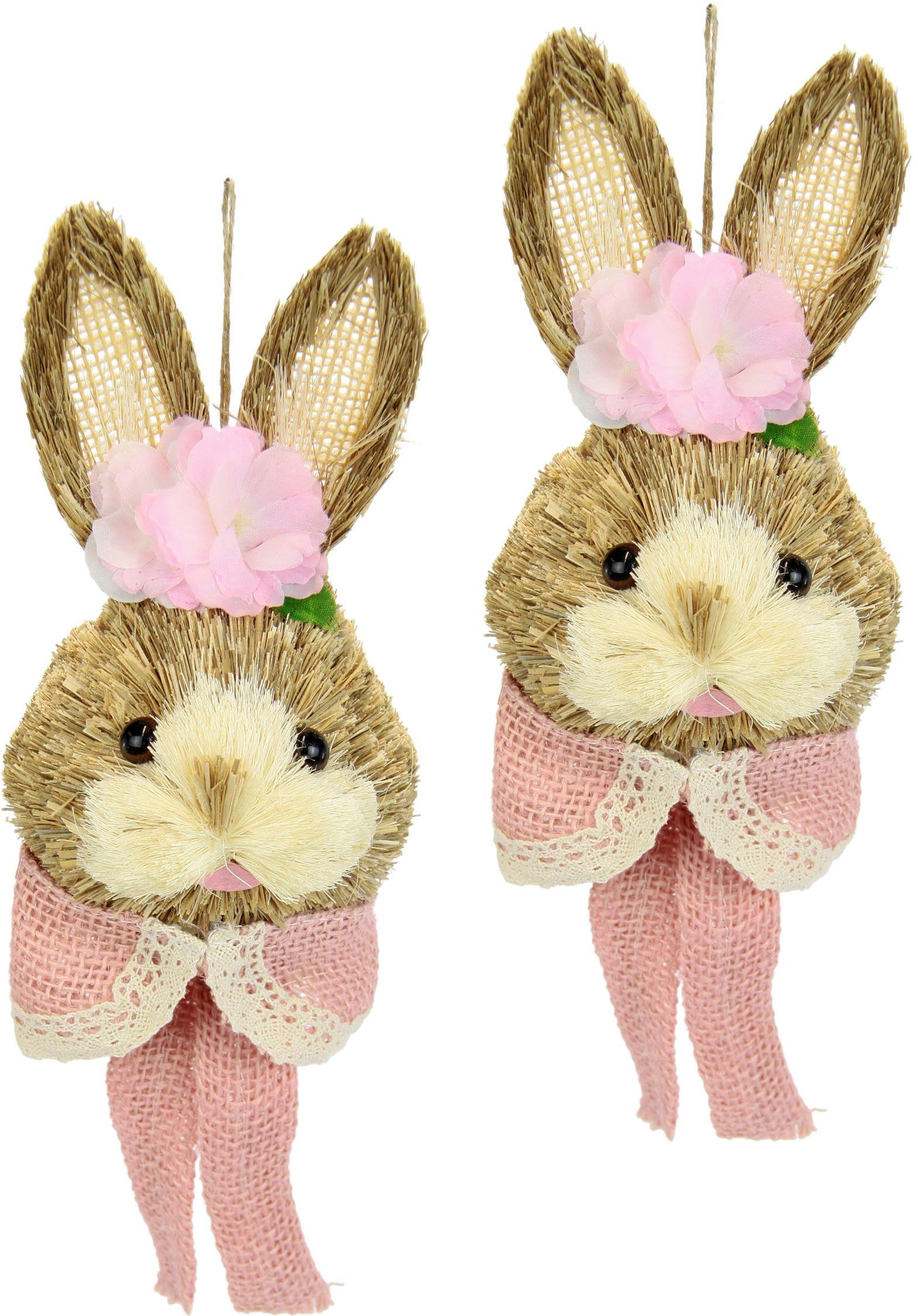 I.GE.A. Osterhase Bast-Hasenkopf mit Blume, Frühlingsdeko (Set, 2 St), Osterdeko zum Aufhängen, Dekofigur, Wanddeko | Osterhasen