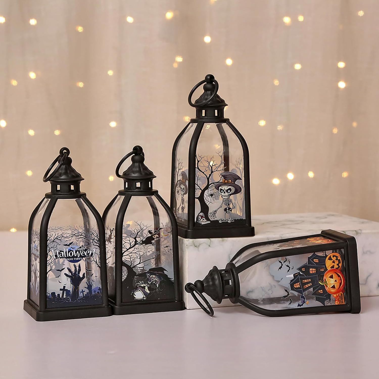 FELIXLEO LED Laterne 4 Stück Halloween Laternen, 15 cm LED-Kerzenlaternenmit Hexe und Geist – Bild 5 von 5