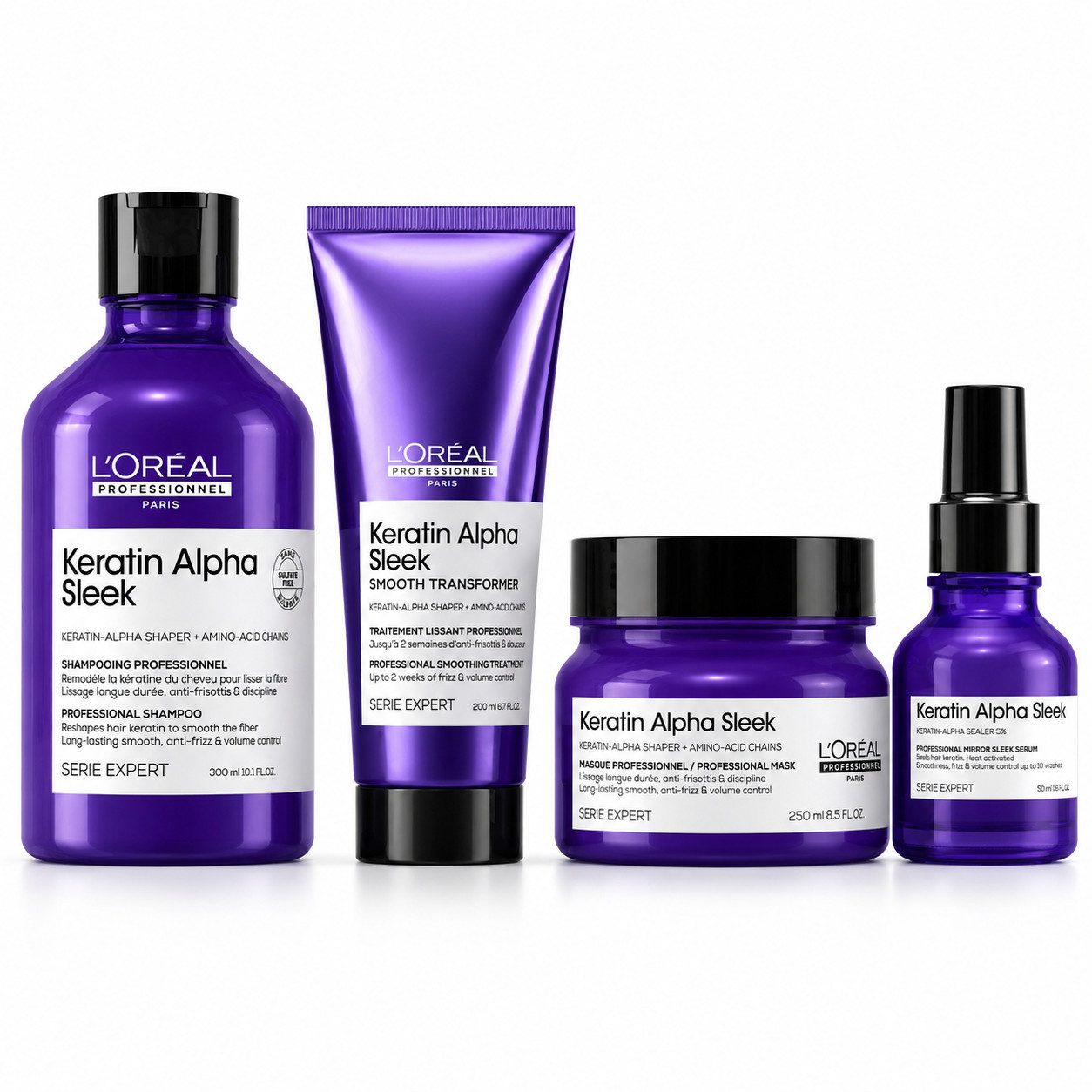 L'ORÉAL PROFESSIONNEL PARIS Haarpflege-Set L'Oréal Keratin Alpha Sleek Shampoo Treatment Maske Serum Set 800 ml, 4-tlg., reichhaltig