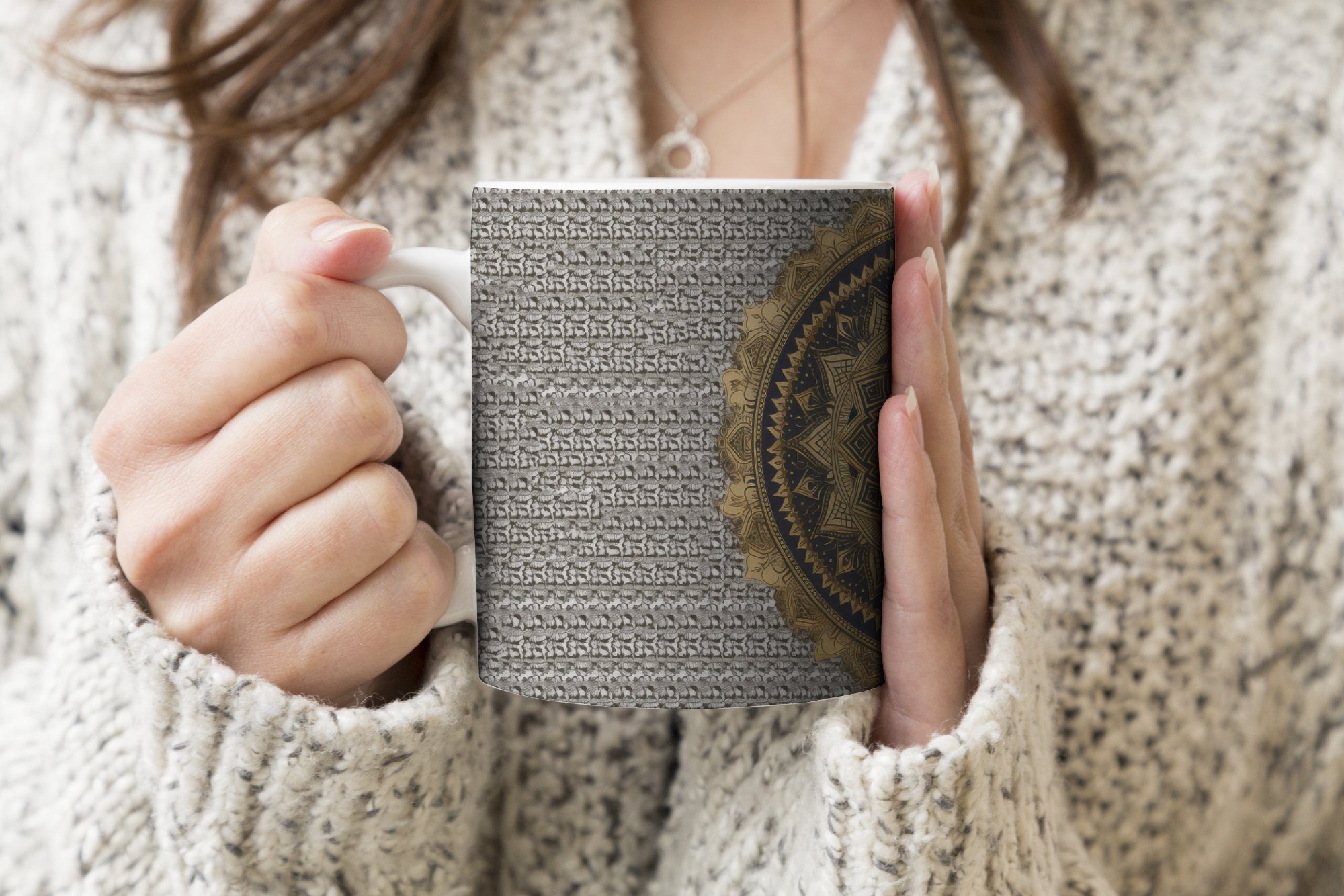 Becher, Teetasse, - - MuchoWow Kaffeetassen, Geschenk - Bohème, - Mandala Blume Gold Keramik, Teetasse, Luxus Tasse