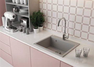 KOLMAN Küchenspüle Einzelbecken Tau Granitspüle, Rechteckig, 50/90 cm, Grau, Space Saving Siphon GRATIS