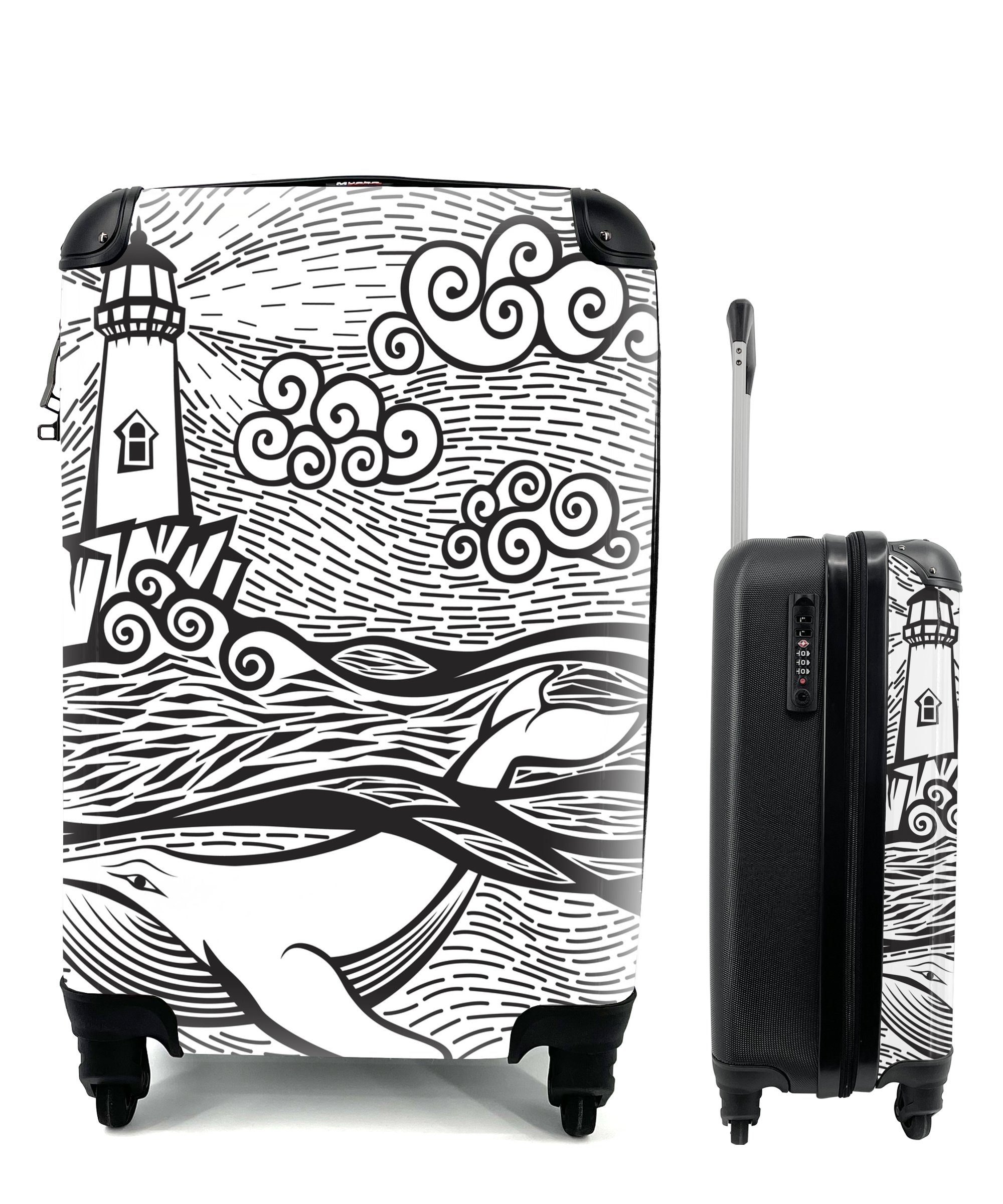 MuchoWow Handgepäckkoffer Eine abstrakte Schwarz-Weiß-Illustration eines Wals und eines, 4 Rollen, Reisetasche mit rollen, Handgepäck für Ferien, Trolley, Reisekoffer