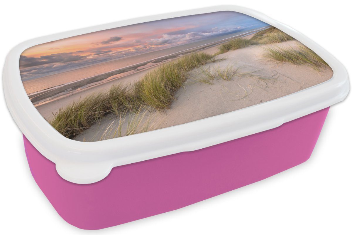 Kunststoff Niederlande Rosa, Dünen - Strand Mädchen, Brotbox Meer Snackbox, (2-tlg), - Lunchbox Erwachsene, für MuchoWow - Kunststoff, - Brotdose Kinder,