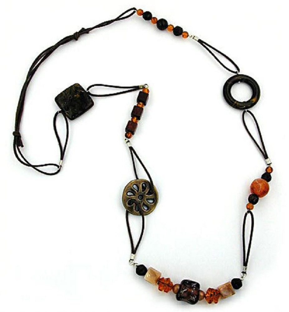 unbespielt Collier Kette Kunststoff-Perlen braun-marmoriert Kordel 95 cm, Modeschmuck für Damen