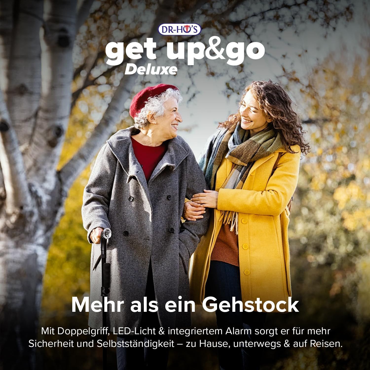 DR-HO'S Gehstock Get Up & Go für Senioren & Erwachsene, Einzelartikel, mit LED-Licht, Alarmknopf, Aufstehhilfe und 4-Punkt-Standfuß, klappbar und höhenverstellbar