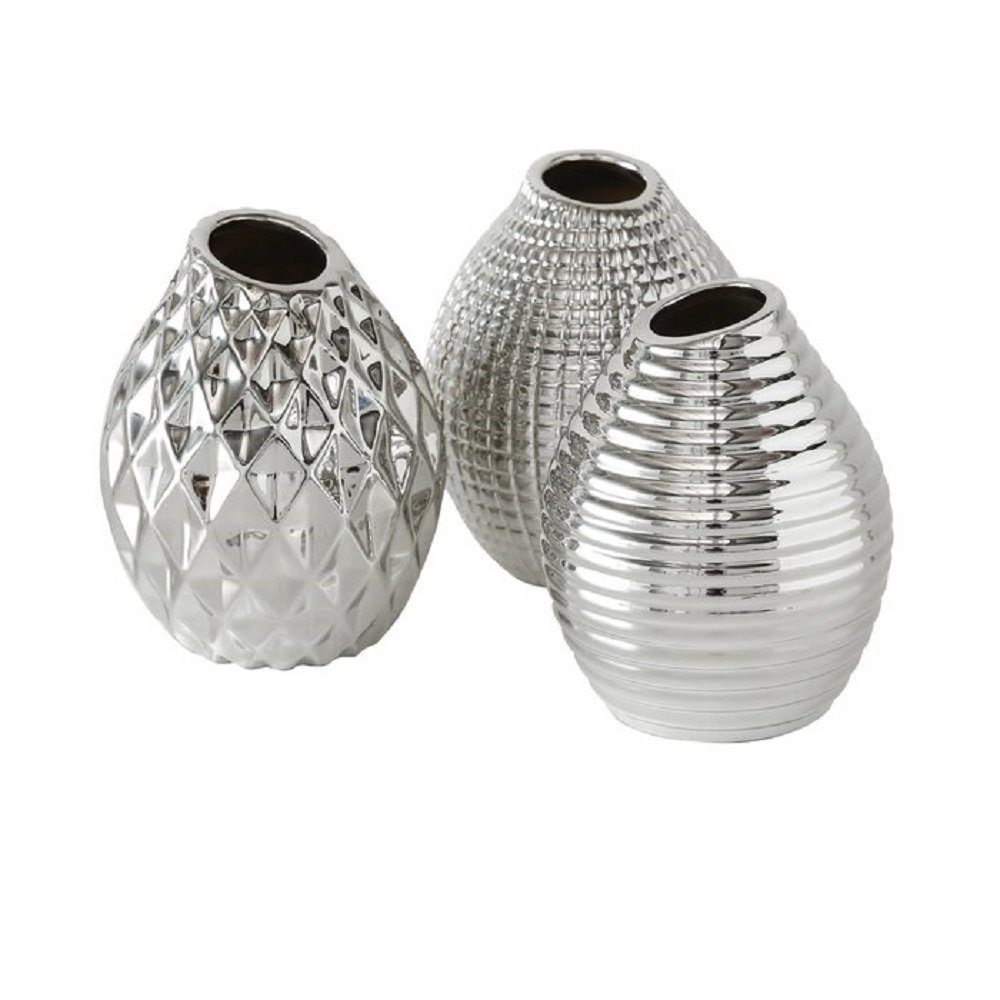 Dekovase Vase Keramik lasiert silber H 13 cm 3er Set