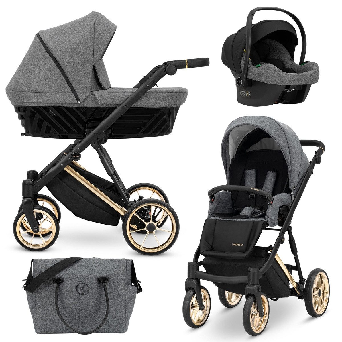 KUNERT Kombi-Kinderwagen Ivento Premium 3in1 Kinderwagen mit Goldrahmen und Zubehör, TÜV NORD und ZETOM zertifiziert, antibakterielle Bambusmatratze