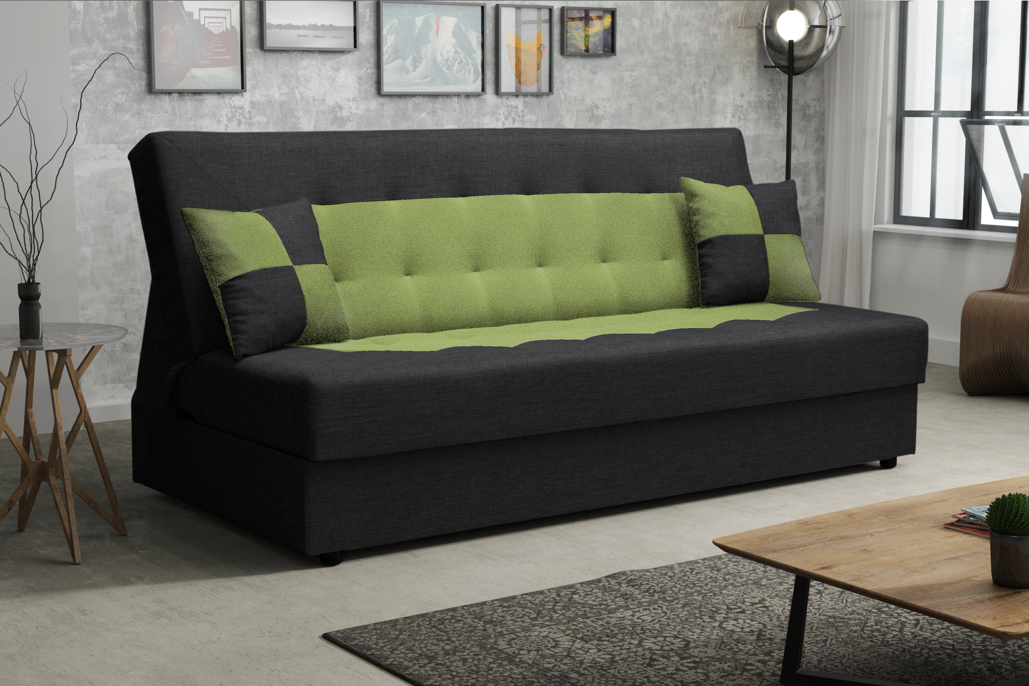 Bettkasten Sofa mit pressiode COUCH 192cm Schwarz+Grün Schlafsofa, PLUS POLO und Schlaffunktion