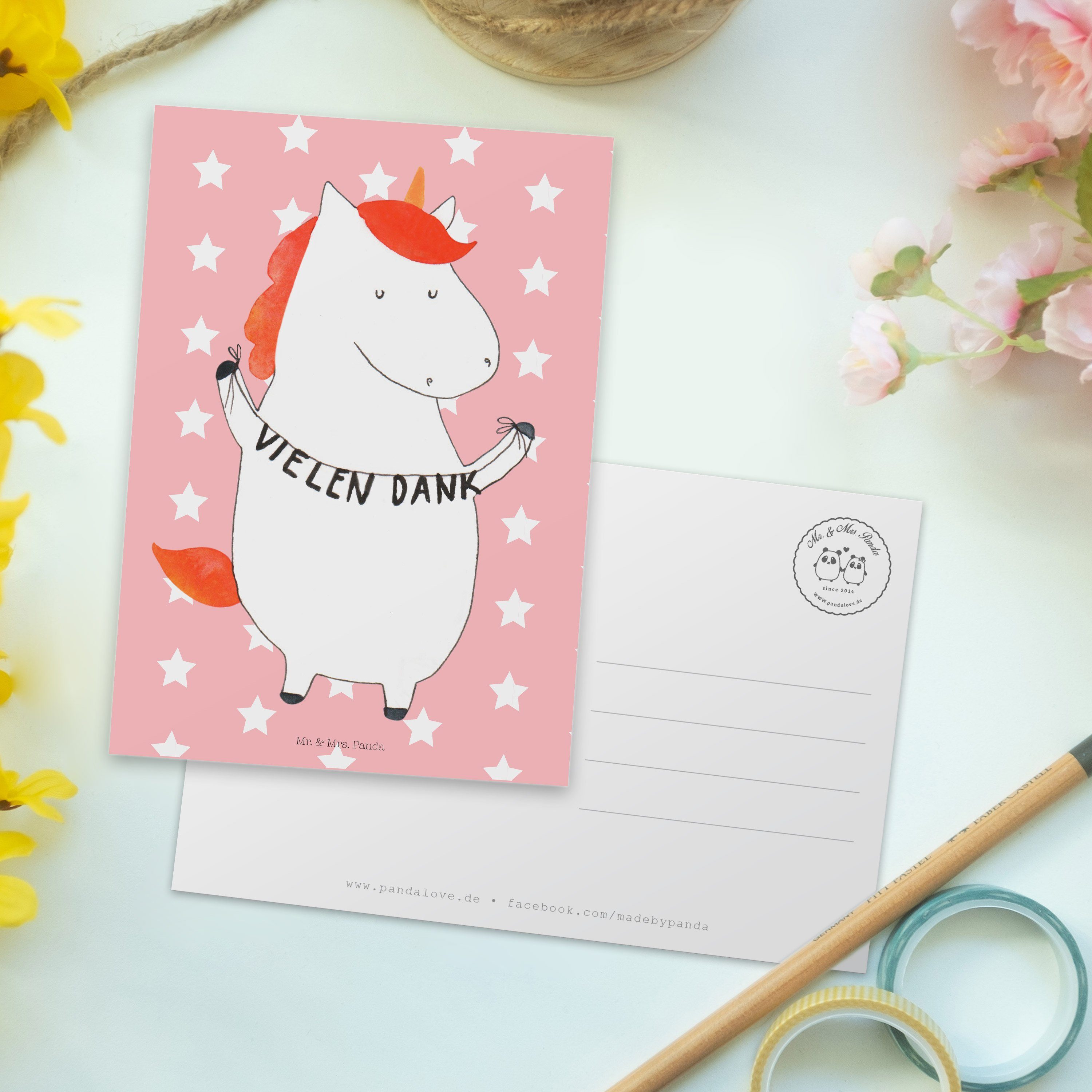 Mr. & Mrs. - Vielen K - Pastell Dank Geschenk, Rot Unicorn, Einhorn Postkarte Panda Dankeskarte