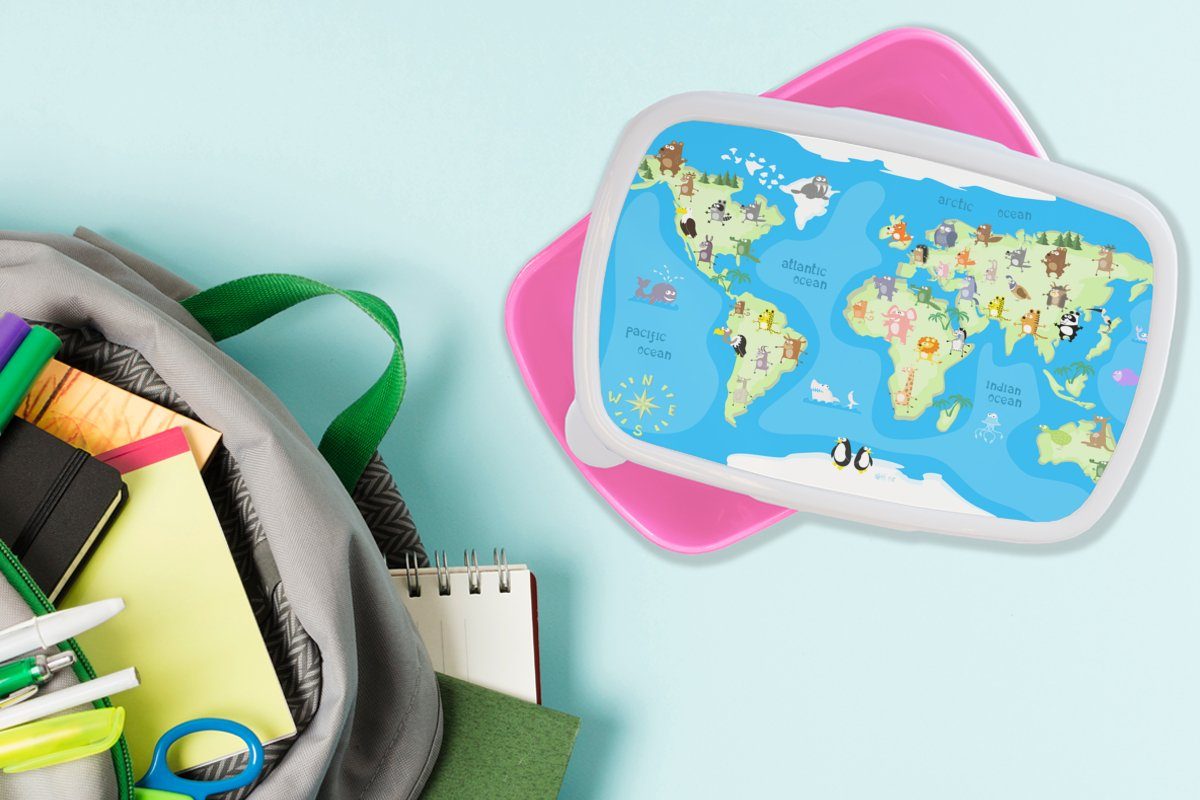 - Mädchen, - Kind - - Kinder, - Weltkarte für Lunchbox Kunststoff, Erwachsene, rosa (2-tlg), Brotbox Mädchen, Jungen Kunststoff Snackbox, Brotdose Blau Tiere MuchoWow