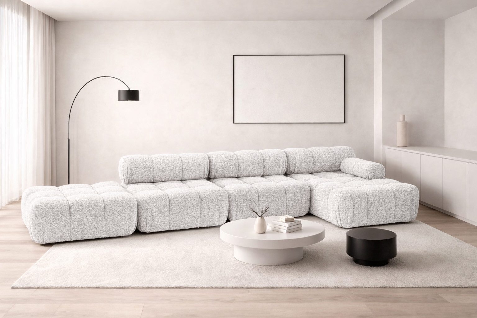 Kaiser Möbel Ecksofa XL mit Pouf modern für Wohnzimmer, Stoff Abriamo, SELIA, Ecksofa mit Pouf, Bouclé-Stoff,modulares System
