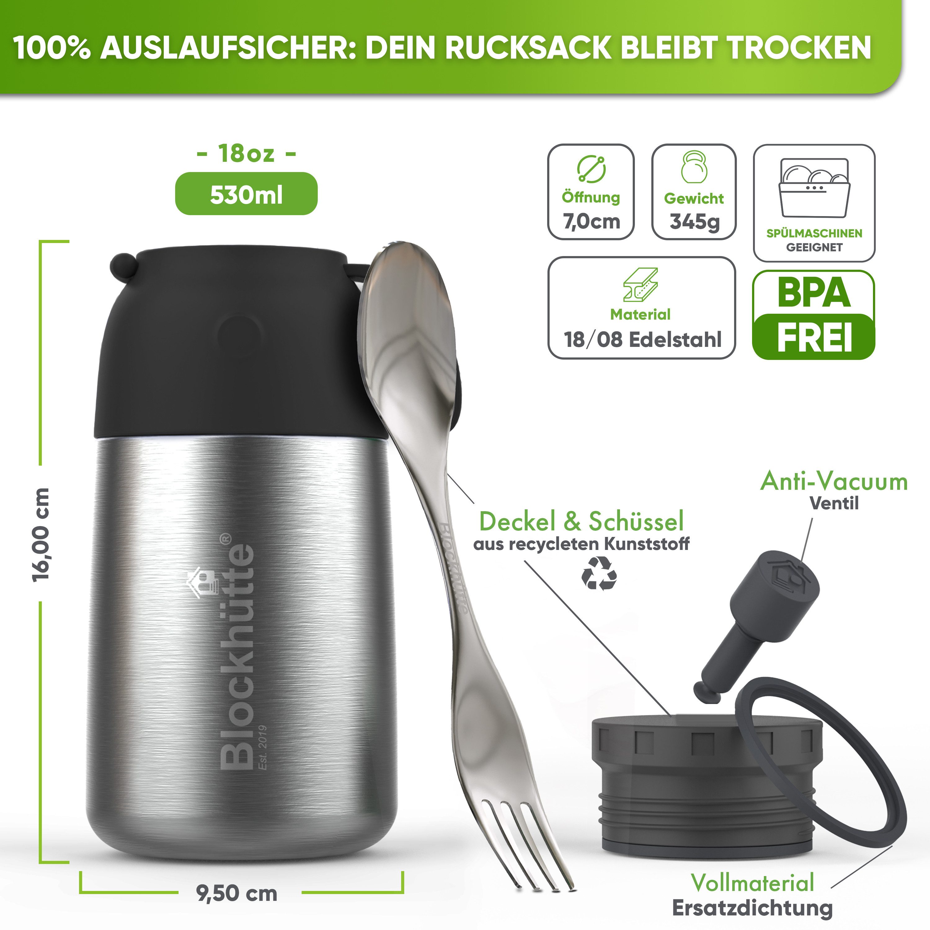 Blockhütte Thermobehälter für Essen - Warmhaltebehälter Essen - Thermo Lunchbox, Edelstahl, Auslaufsicher, 14 Stunden heiß, 19 Stunden kalt – Bild 2 von 5
