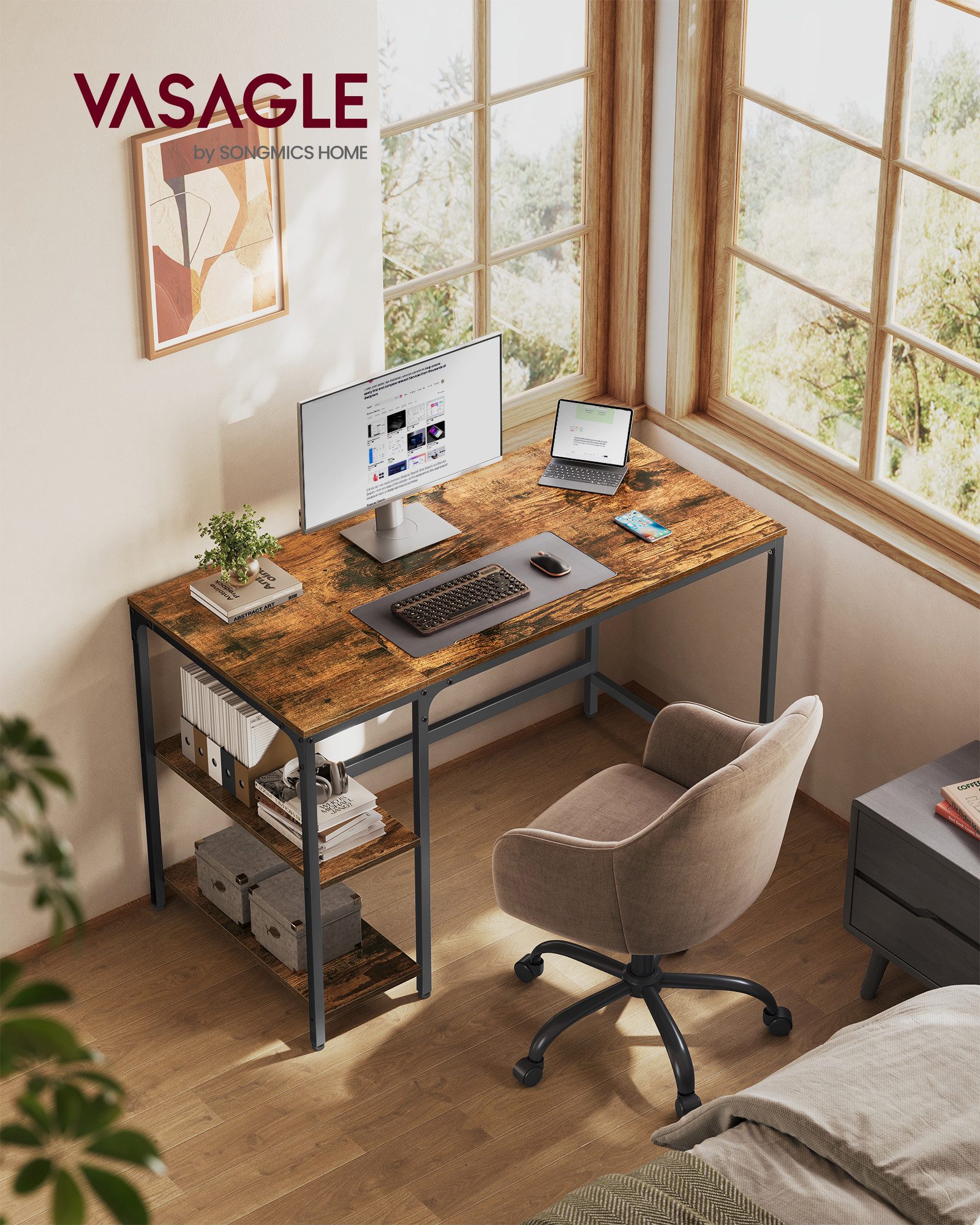 VASAGLE Schreibtisch Computertisch, Tisch, Bürotisch, 100/120/140cm, mit 2 Ablagen, moderner Stil