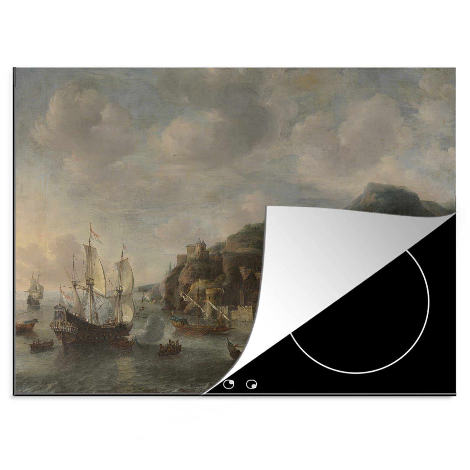 MuchoWow Herdblende-/Abdeckplatte Niederländische Schiffe in - Hafen von nutzbar, Gemälde Vinyl, Abraham, tlg), 70x52 Arbeitsfläche einem Ceranfeldabdeckung fremden cm, (1 Mobile
