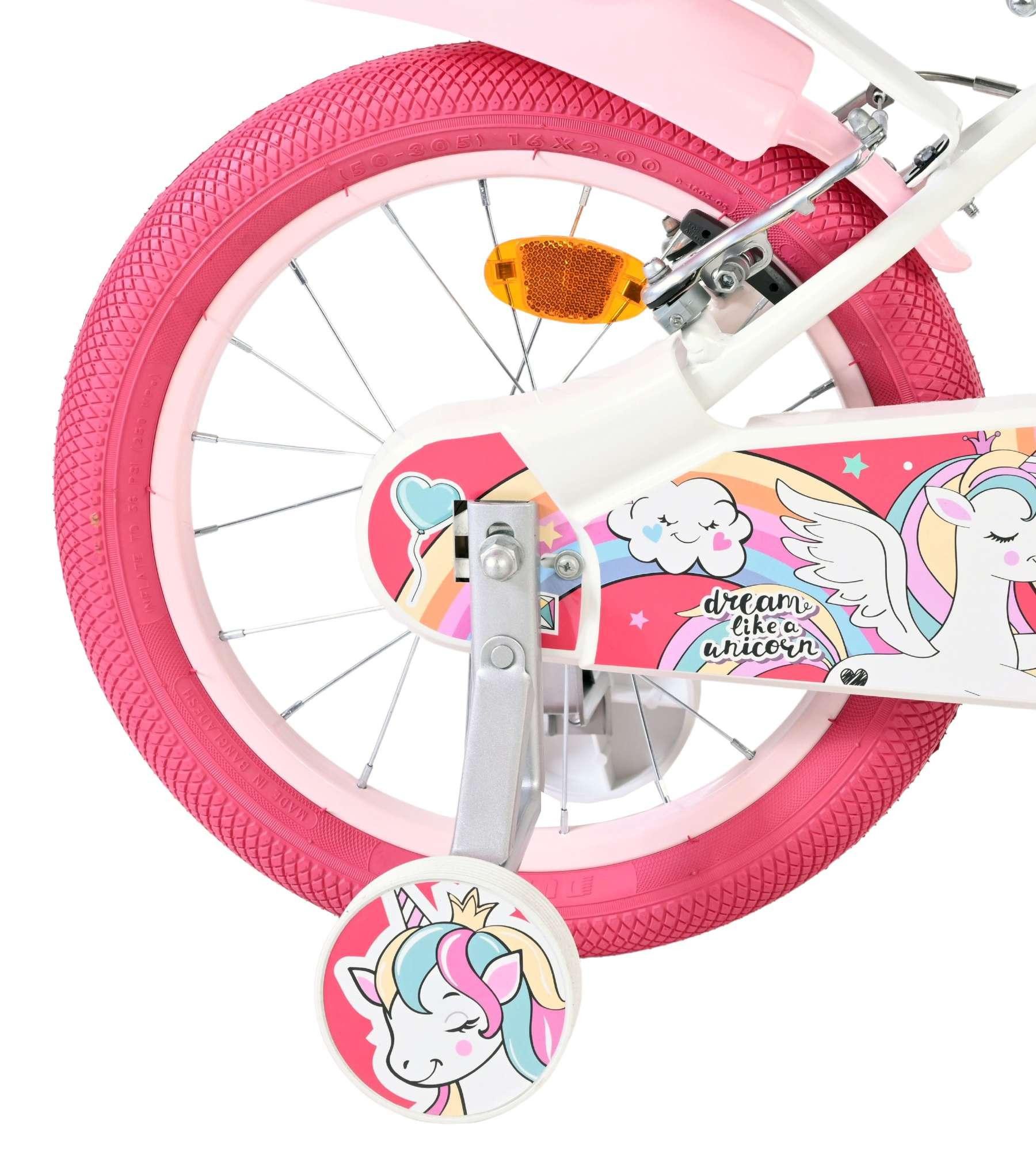 Volare Kinderfahrrad Unicorn Mädchen 16 Zoll Weiß mit Zwei Handbremsen und Zubehör, Einhorn-Design, Regenbogenakzente, abnehmbare Stützräder, Klingel