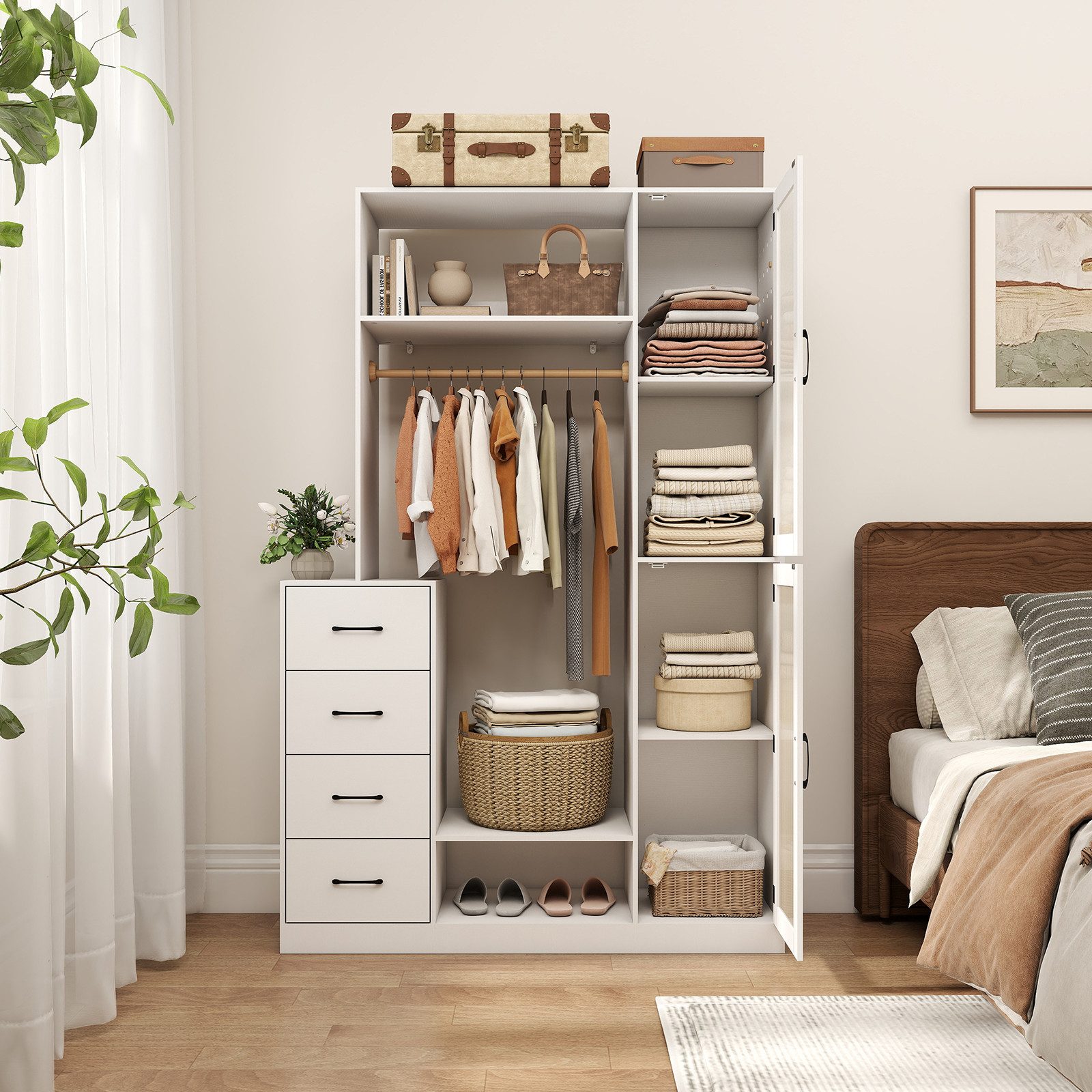 Puluomis Garderobenständer Kleiderschrank mit 4 Schubladen, Schuhregal, Lochwand 122x40x18cm weiß, verstellbare Regalböden, magnetische Schranktüren – Bild 2 von 5
