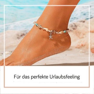 Alster Herz Fußkette mit Anhänger Damen Fußkettchen mit Seestern in Türkis Farbe, J0446 (1-tlg), elastisch, ideal für Sommerurlaub