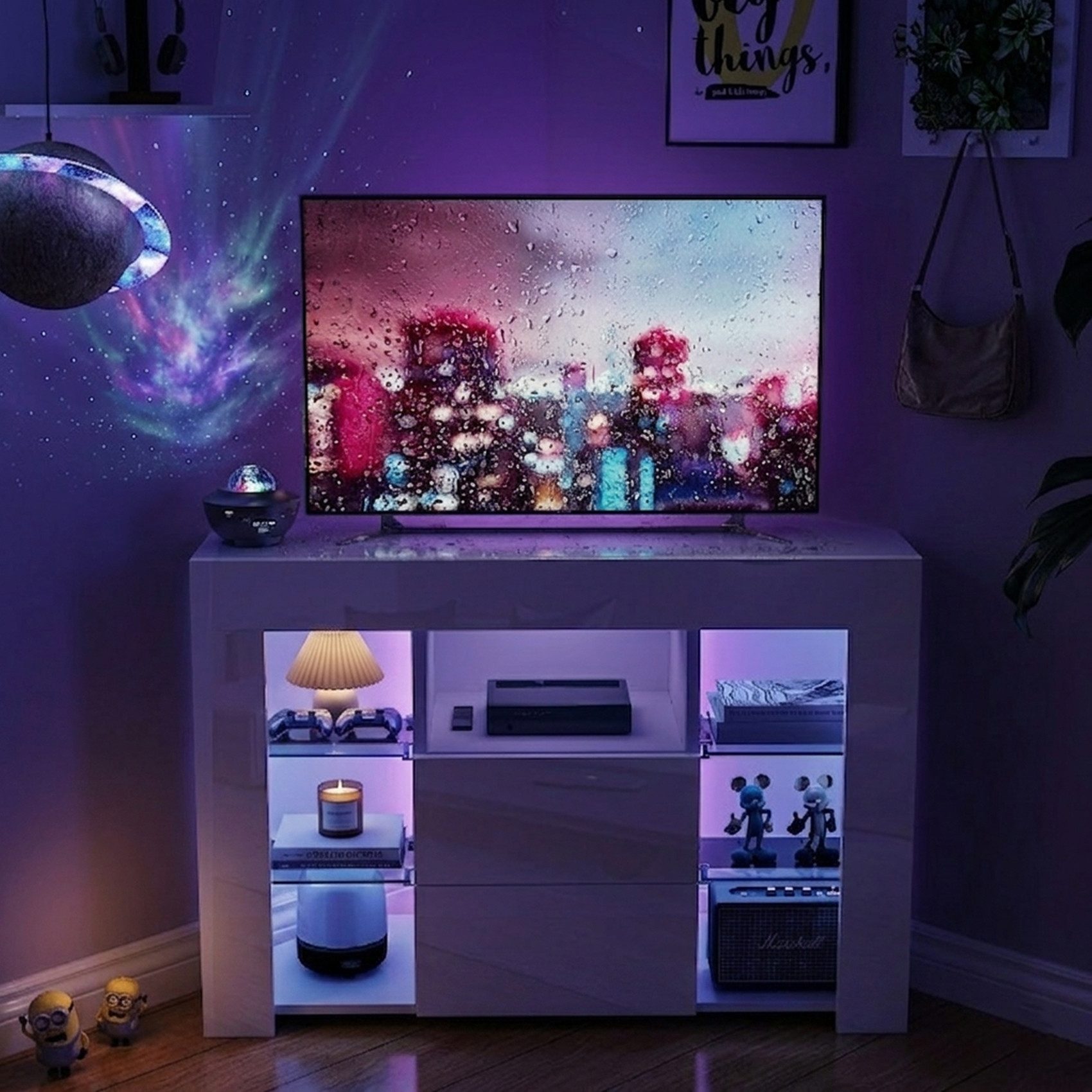 Dripex TV-Schrank TV Eckschrank Lowboard LED Weiß Hochglanz Eckkommode mit Beleuchtung – Bild 5 von 5