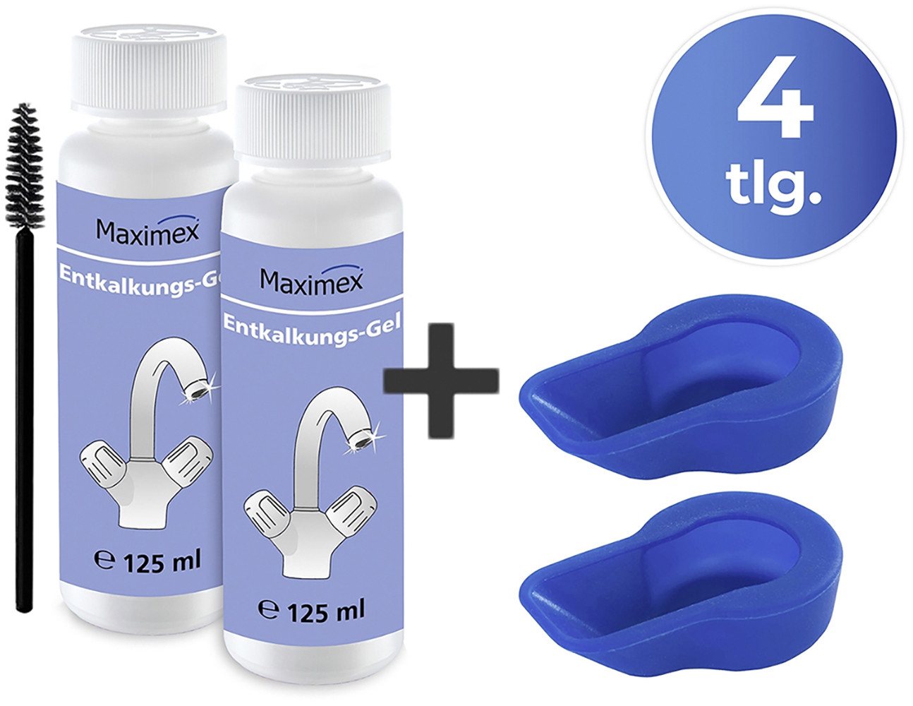 Maximex Reinigungs-Set Anti-Kalk-Caps und Entkalkungsgel, für Wasserhähne, Armaturen, Kacheln, Duschköpfe, je 125 ml, Zitrusduft