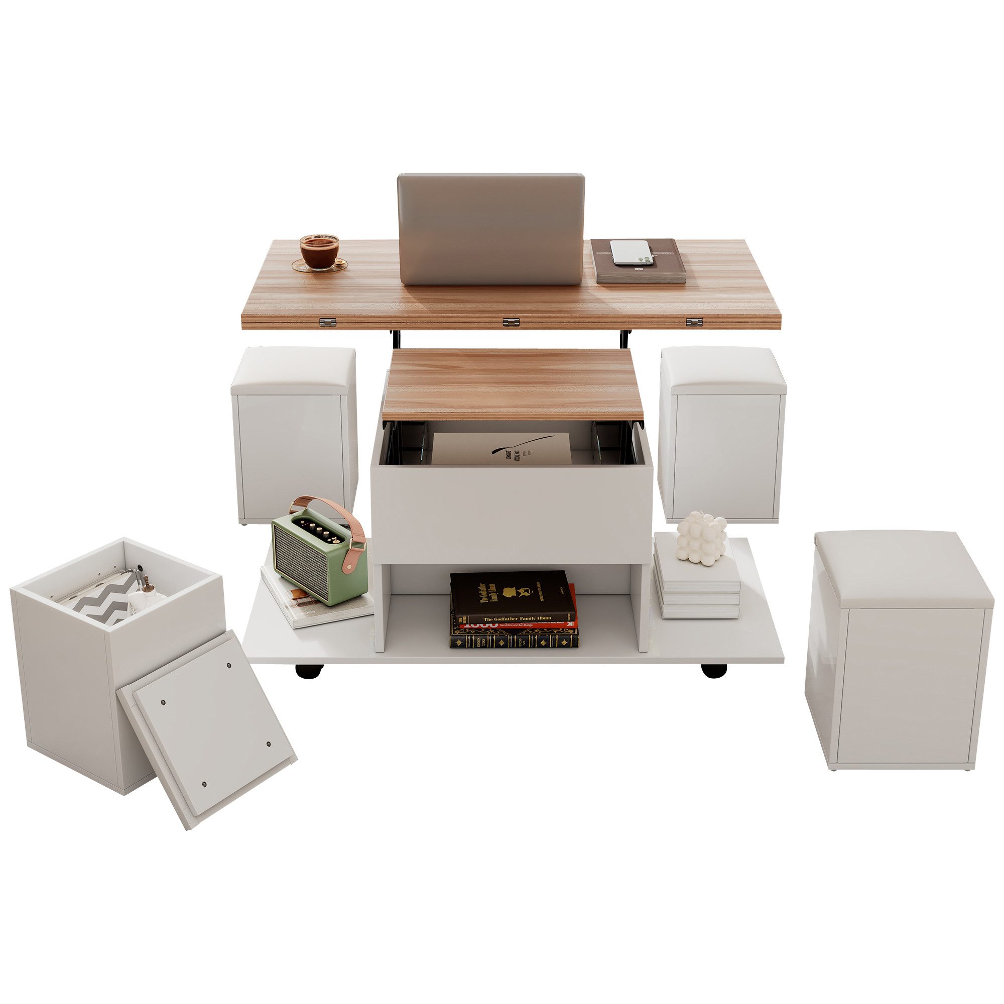 Merax Couchtisch Anhebbarer Wohnzimmertisch mit faltbarer Tischplatte (5-St), Beistelltisch mit Lift-Top-Mechanismus und 4 Aufbewahrungshockern