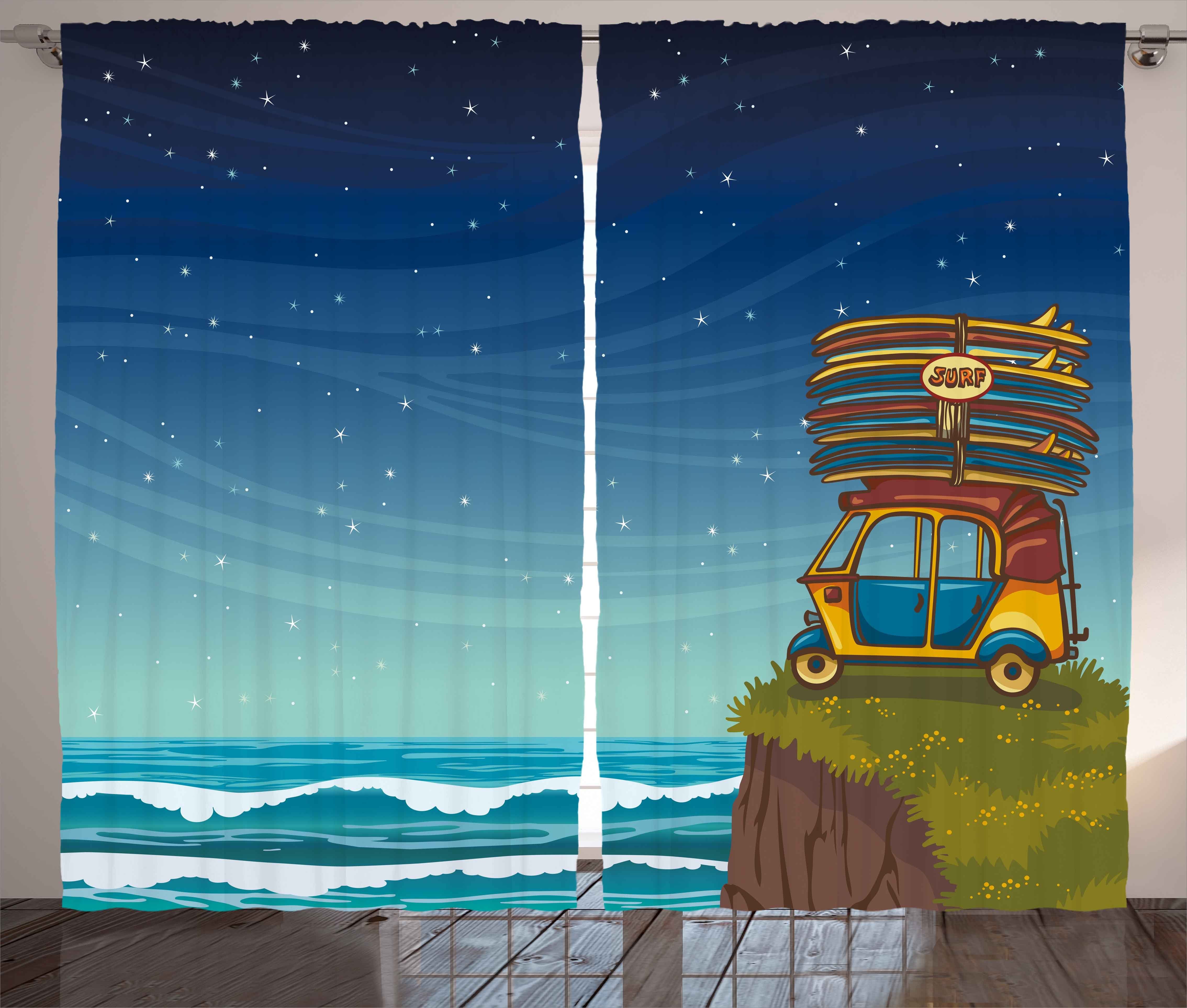 Gardine Schlafzimmer Kräuselband Vorhang mit Schlaufen und Haken, Abakuhaus, Urlaub Karikatur-Auto-Surfbretter