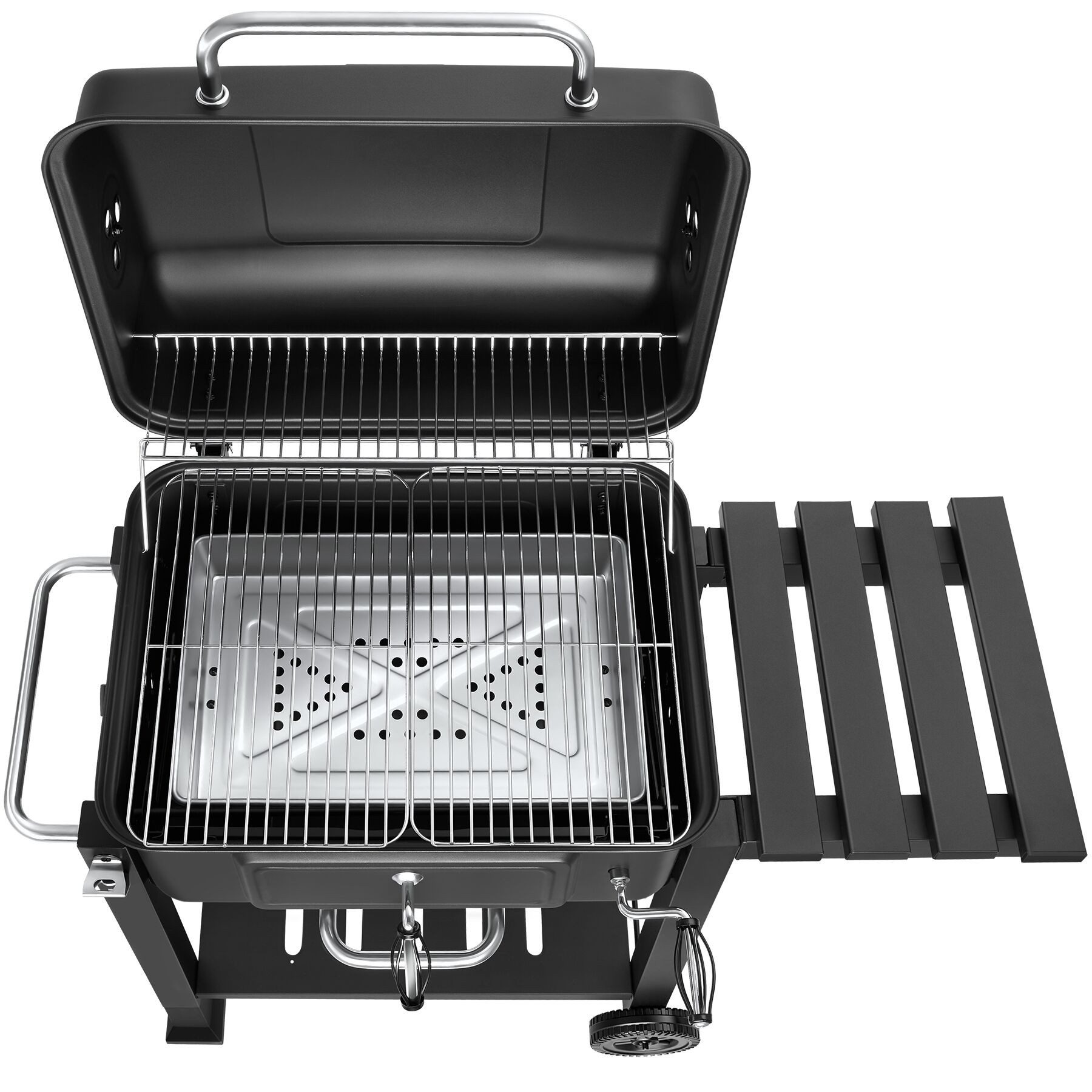 tectake Holzkohlegrill Grillwagen mit 2 Rädern, regulierbare Luftzufuhr, 110 x 64 x 104 cm, Standgrill Florian, in schwarz, mit Thermometer, Warmhalterost und klappbare Seitenablage mit 3 Haken