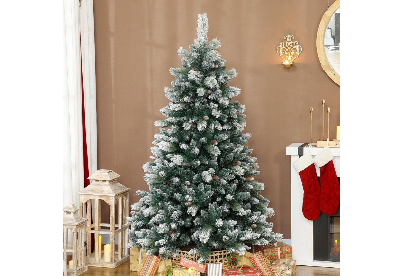 HOMCOM Künstlicher Weihnachtsbaum Christbaum mit 1000 Spitzen, mit Schnee, klappbar Metallständer, Kiefernbaum, Realistisches Aussehen, Grün+Weiß