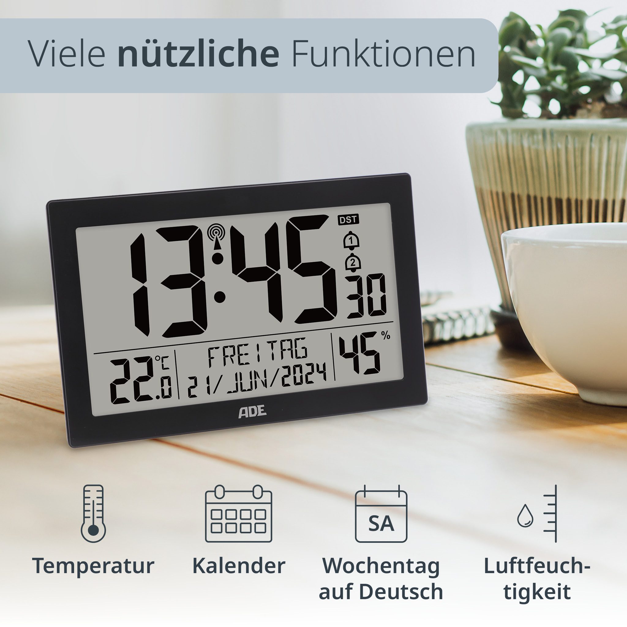 ADE Funktischuhr Digital extragroß, Tischuhr & Wanduhr mit Beleuchtung, Thermometer Funkuhr mit Hygrometer & Datum, ideal für Senioren, inkl. Batterien