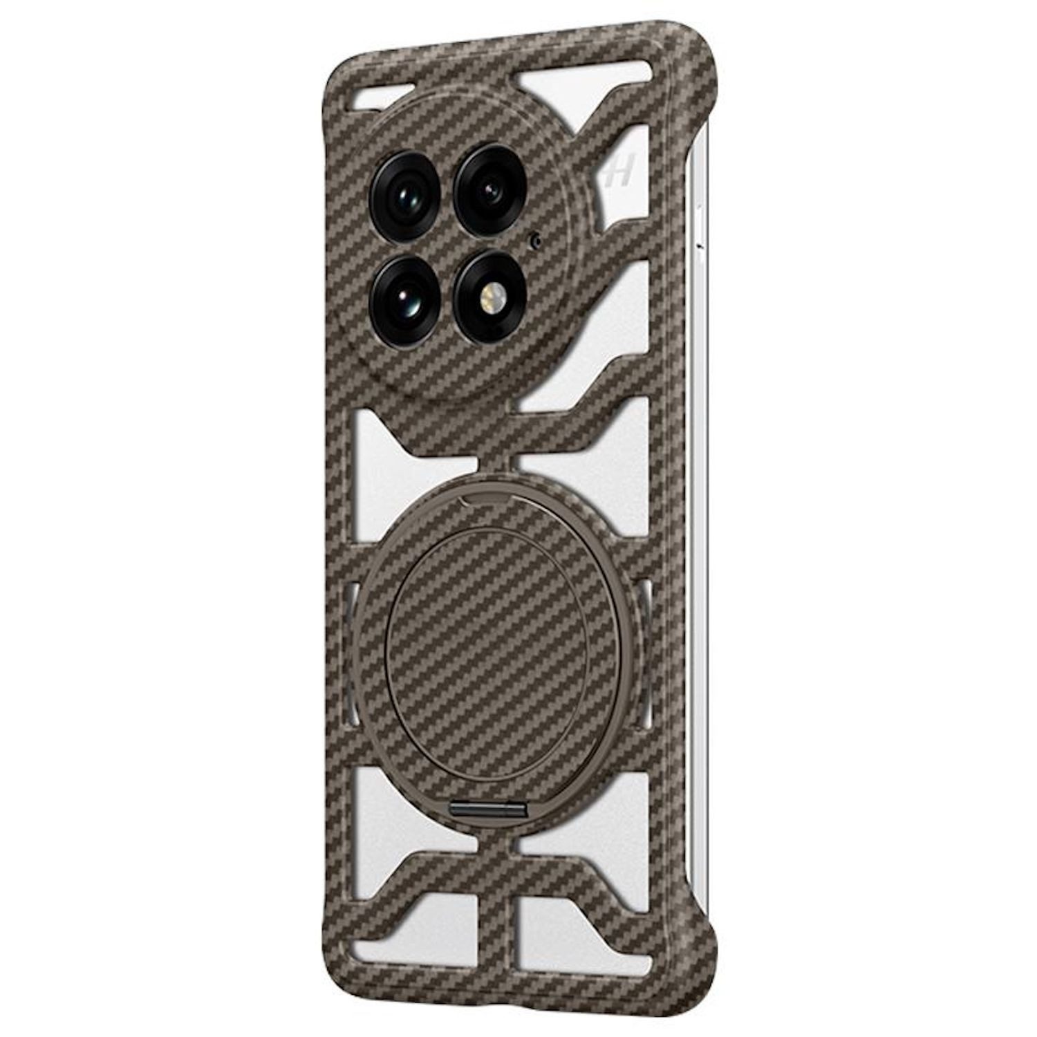 Wigento Handyhülle Für OnePlus 13 Carbon 360 Grad MagSafe Ring Schutz Handy Hülle Braun, Carbon Hülle mit Ständer, MagSafe und Hitzeschutz-Design