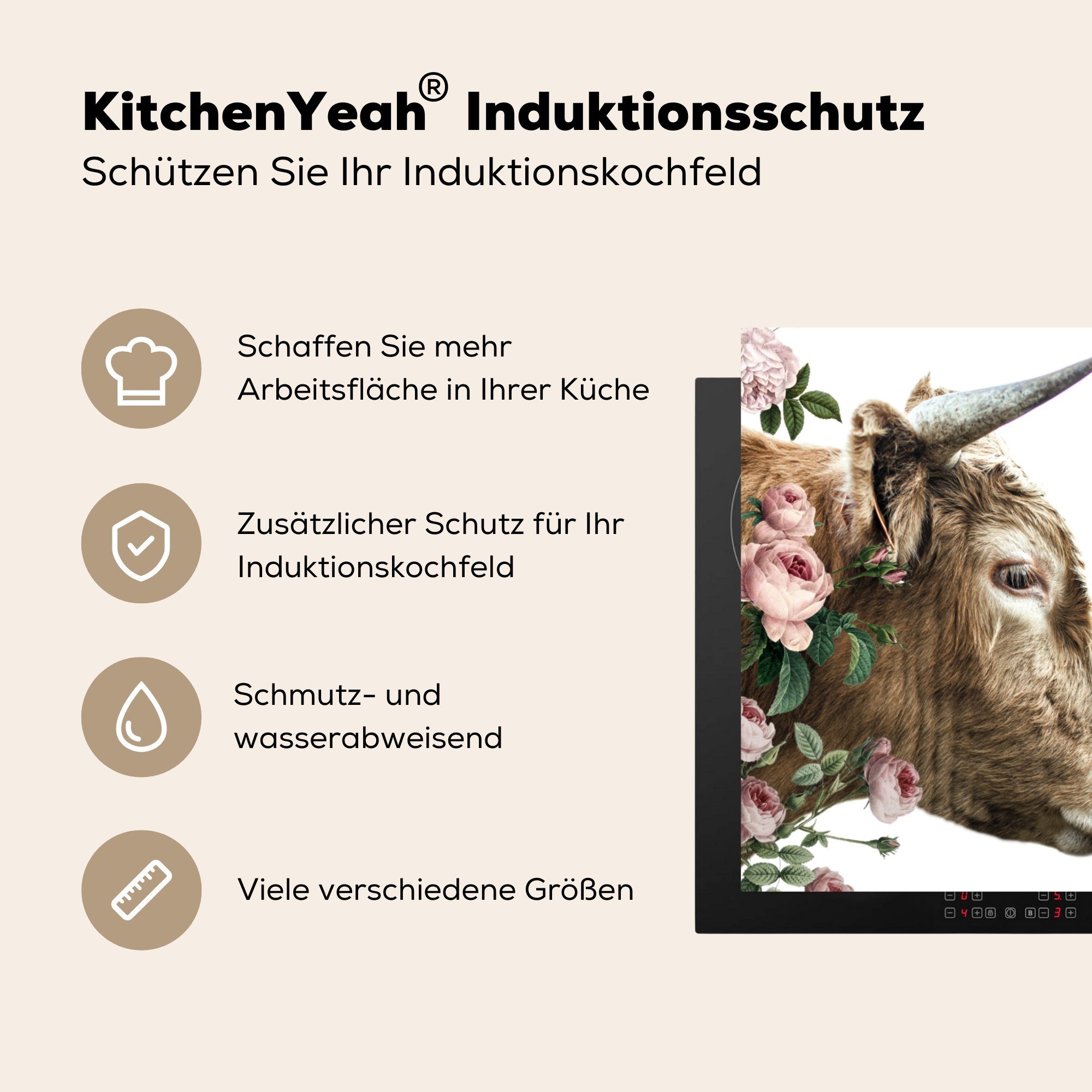 MuchoWow Herdblende-/Abdeckplatte Schottischer Highlander - Ceranfeldabdeckung, Arbeitsplatte Rosa, küche für cm, - (1 Blumen tlg), Vinyl, 78x78