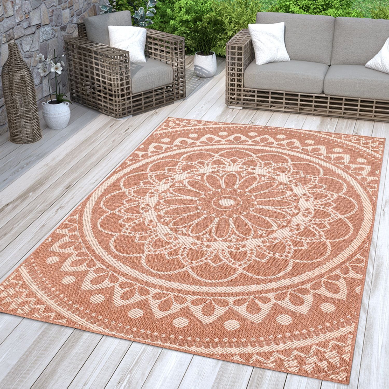 rechteckig, mm Orientalisches Weiß Marokkanisch, Höhe: Home, Garten In-& Wetterfest Orange Outdoorteppich 4 TT Outdoorteppich