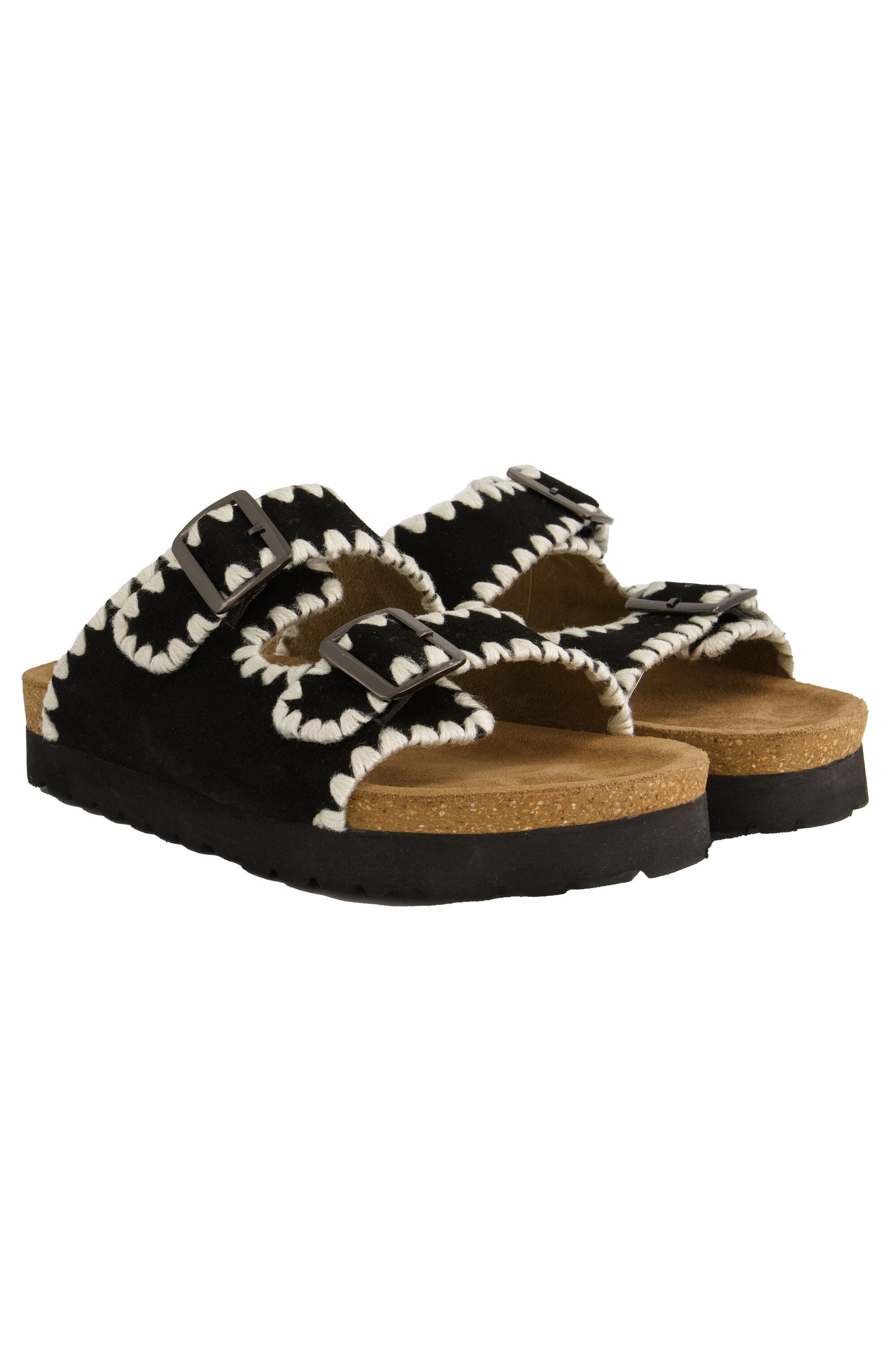 Leder-Pantolette Kantenstickerei Kork-Tieffußbett Sandalette