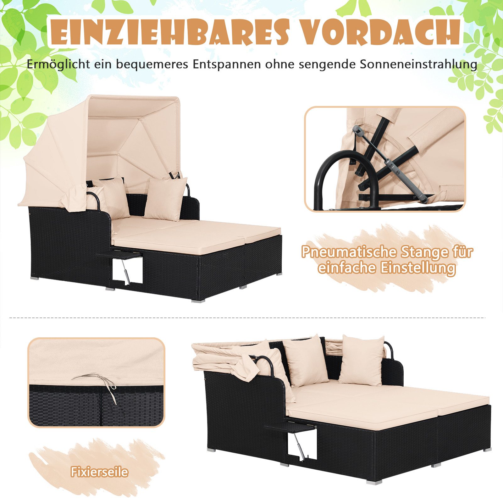 COSTWAY Loungebett, Rattan, 2-Personen, mit einziehbarem Sonnendach, Kissen