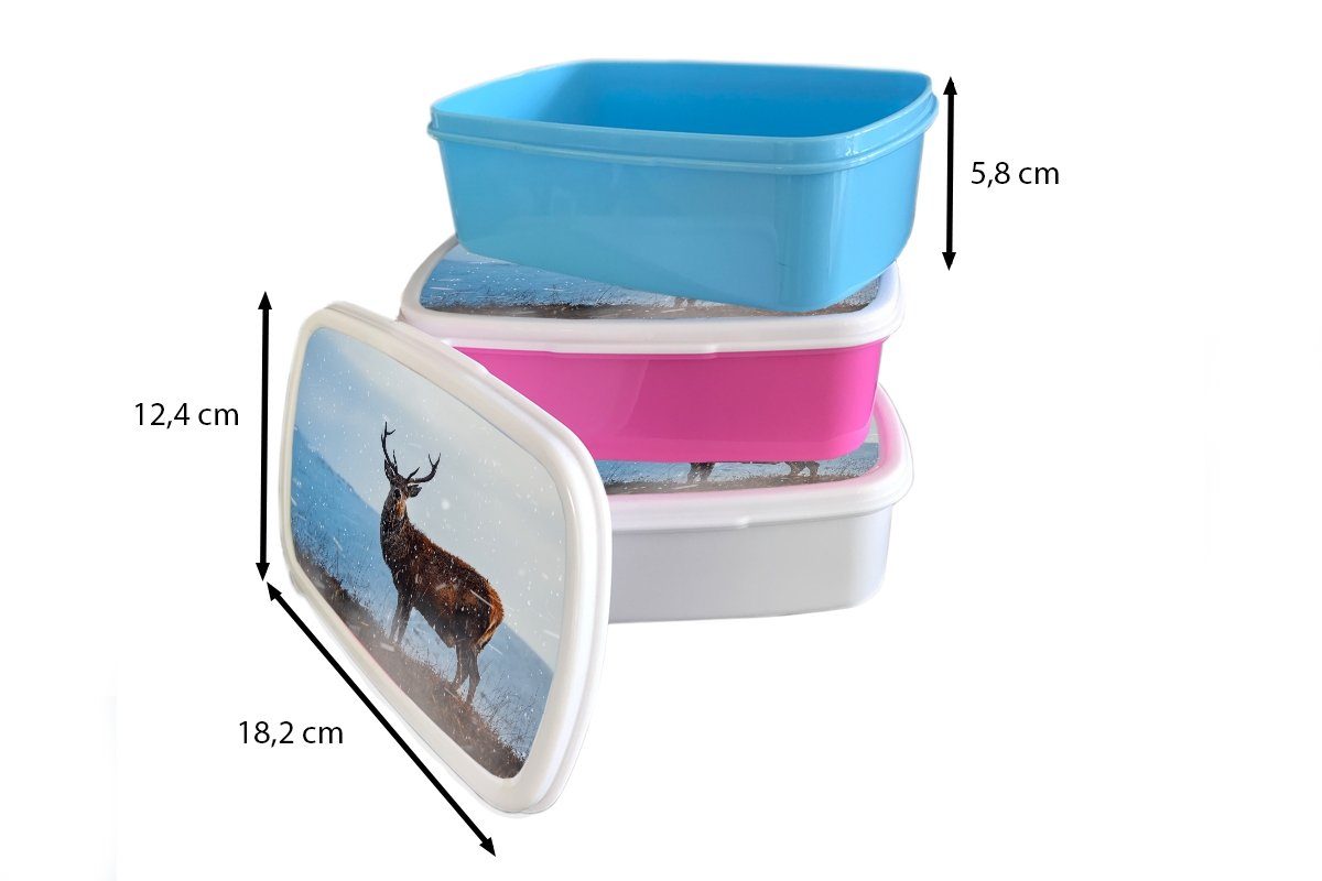 MuchoWow Lunchbox Hirsche und Brotbox Kunststoff, weiß und Jungs (2-tlg), Mädchen auf Brotdose, für verschneiten für Heide, Erwachsene, Kinder der