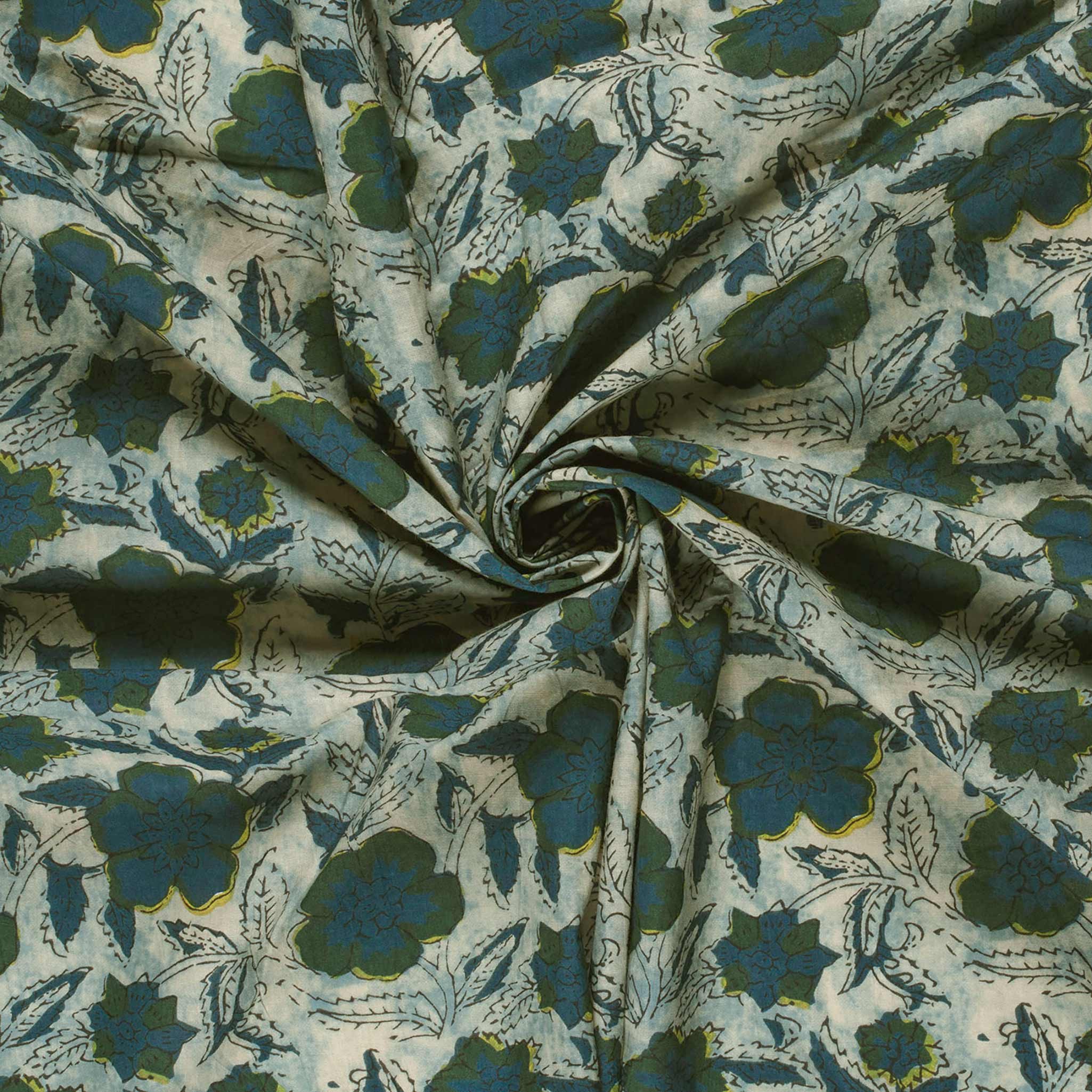 maDDma Stoff Baumwoll Voile Stoff Blumen Muster Blau Oliv Grün Meterware Sommer