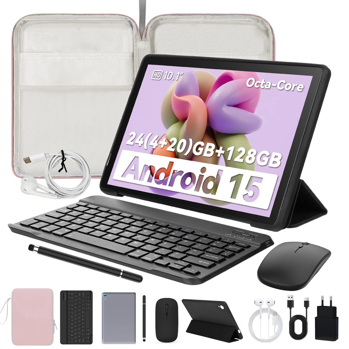 BUFO 10 Zoll Android 15, 4GB RAM 128 GB, mit Tastatur Maus Stift hülle Tablet (10", 128 GB, Android 15, mit AF und Blitz, zwei 1W-Lautsprecher + zwei Mikrofone)