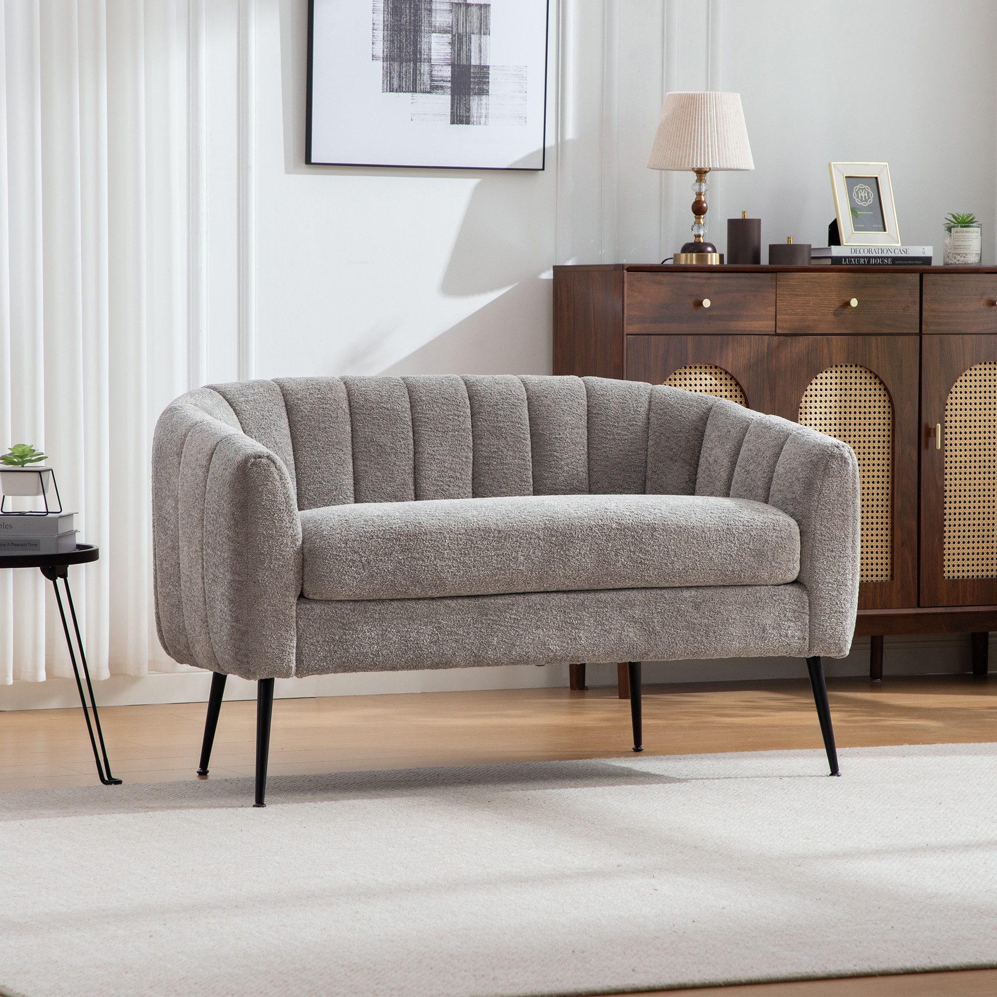 STILVORA Relaxsessel mit Metallbeinen Zweisitzer-Sofa mit Rillenpolsterung Chenille grau (Mini-Liegesofa aus Massivholz und Holzwerkstoffen, mit verstellbaren Fussaufsätzen), für Wohnzimmer, Gästezimmer, Schlafzimmer