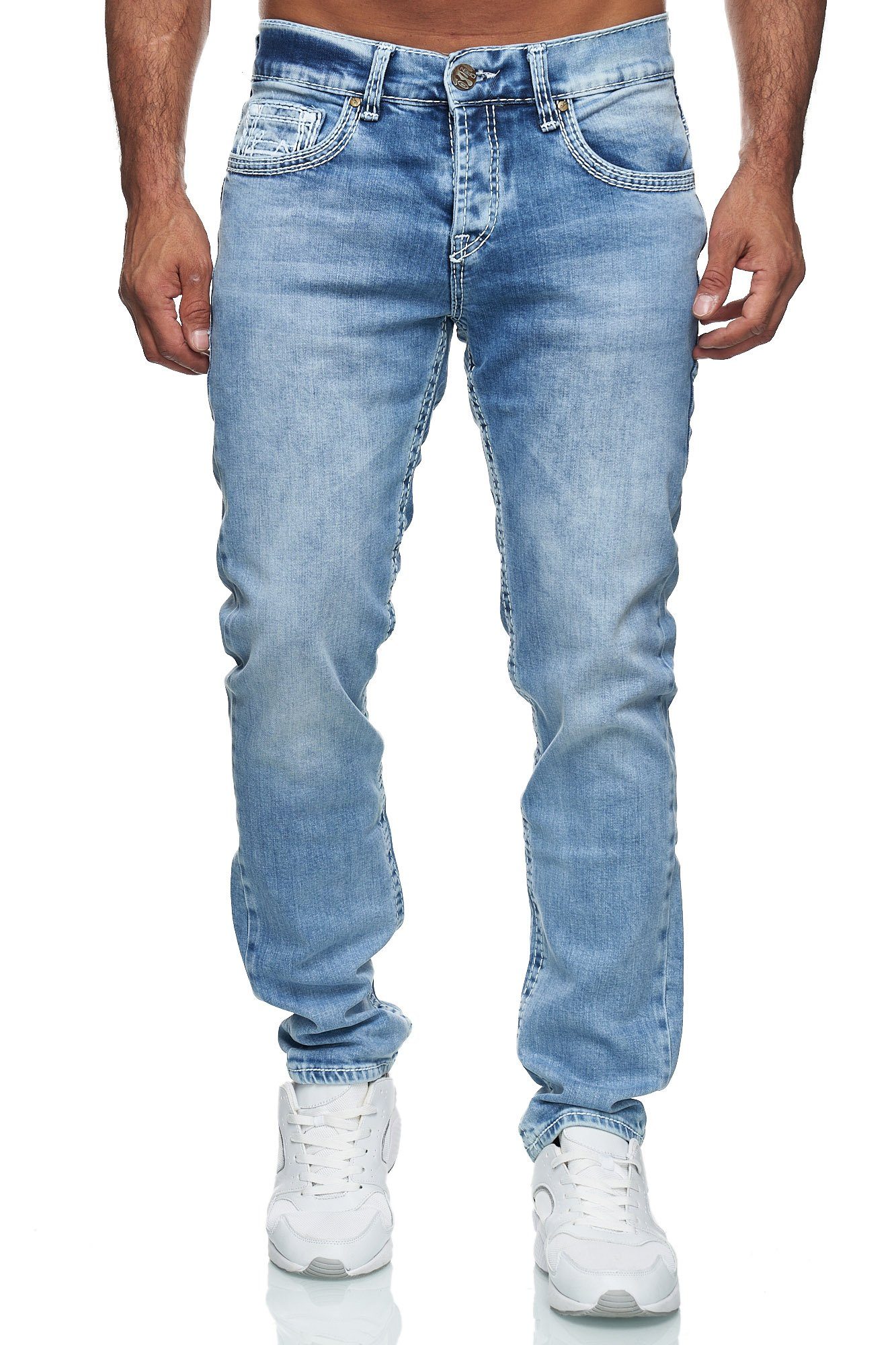 Straight Fit Jeans Neon-Naht Stonewashed Regular-fit-Jeans Baxboy Stretch Denim Dicke Herren 9574 Hellblau