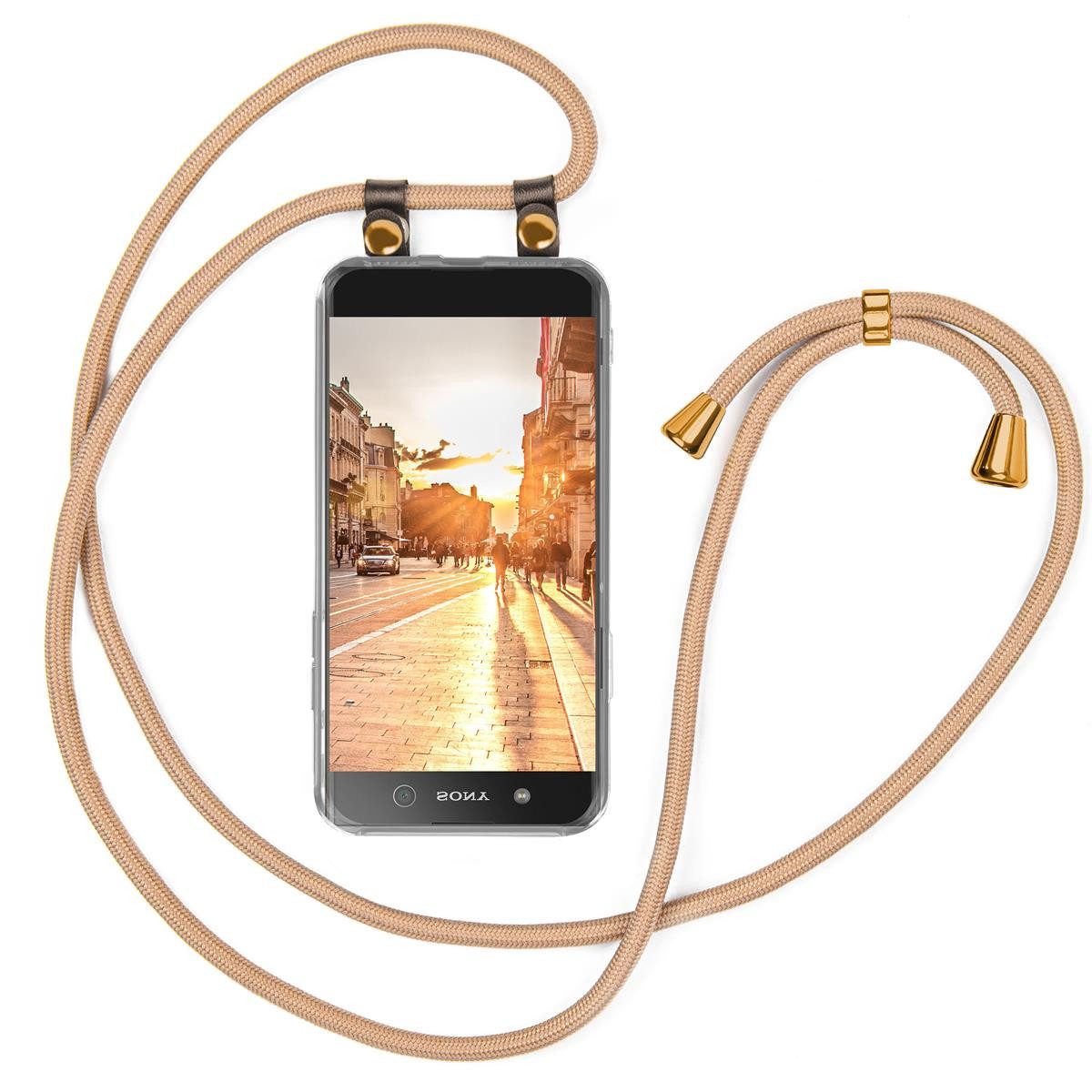 moex Handykette für Sony Xperia XA1 Hülle mit Band Free Spirit Gold 5 Zoll, Handyhülle zum Umhängen Handyband Kette abnehmbar Handy Umhängeband