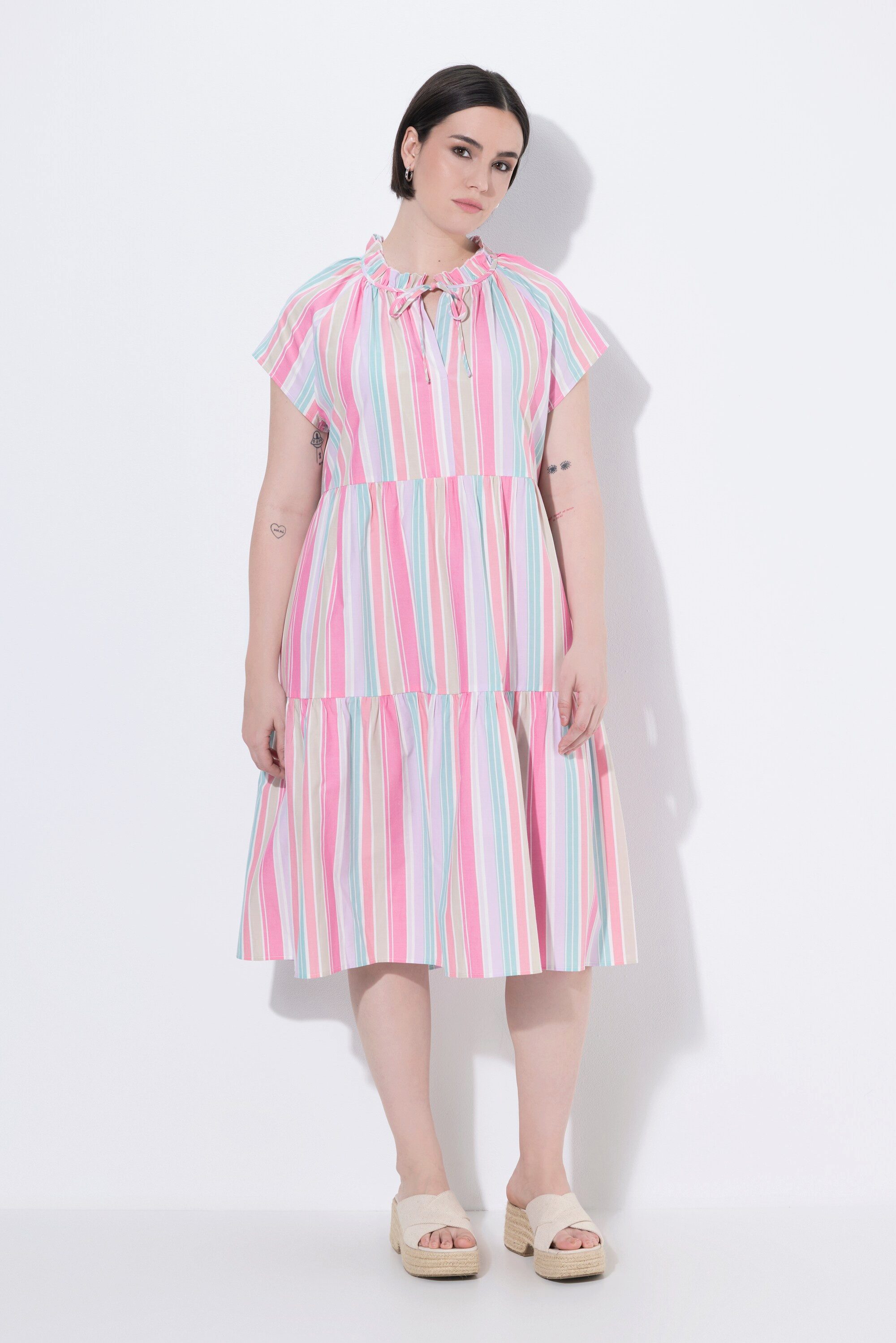 Ulla Popken Midikleid Midikleid Streifen A-Linie Rundhals Ärmelvolant