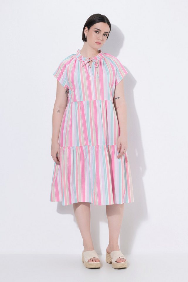 Ulla Popken Midikleid Midikleid Streifen A-Linie Rundhals Ärmelvolant