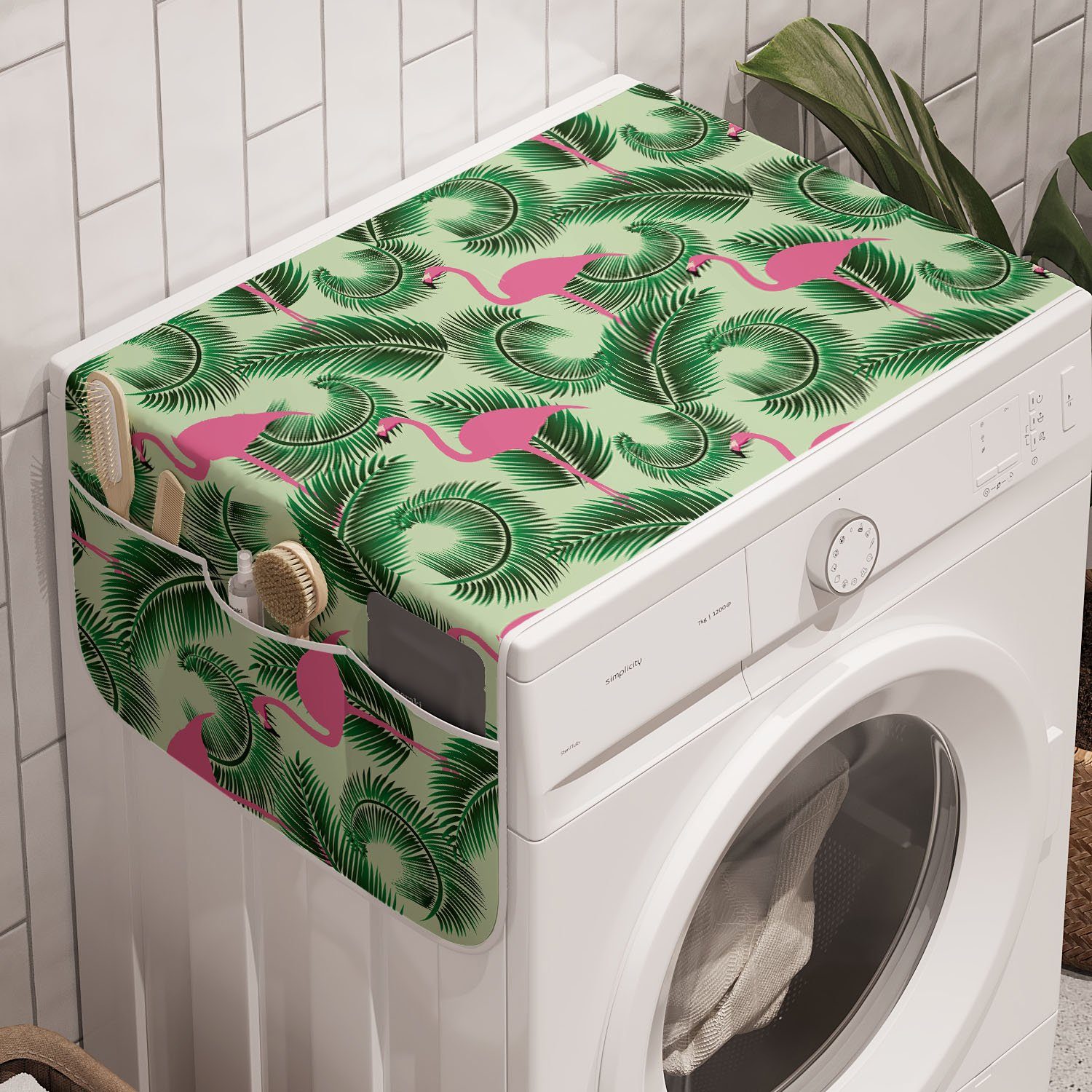 Abakuhaus Badorganizer Anti-Rutsch-Stoffabdeckung für Waschmaschine und Trockner, Flamingo Sommer tropischer Vogel Palm