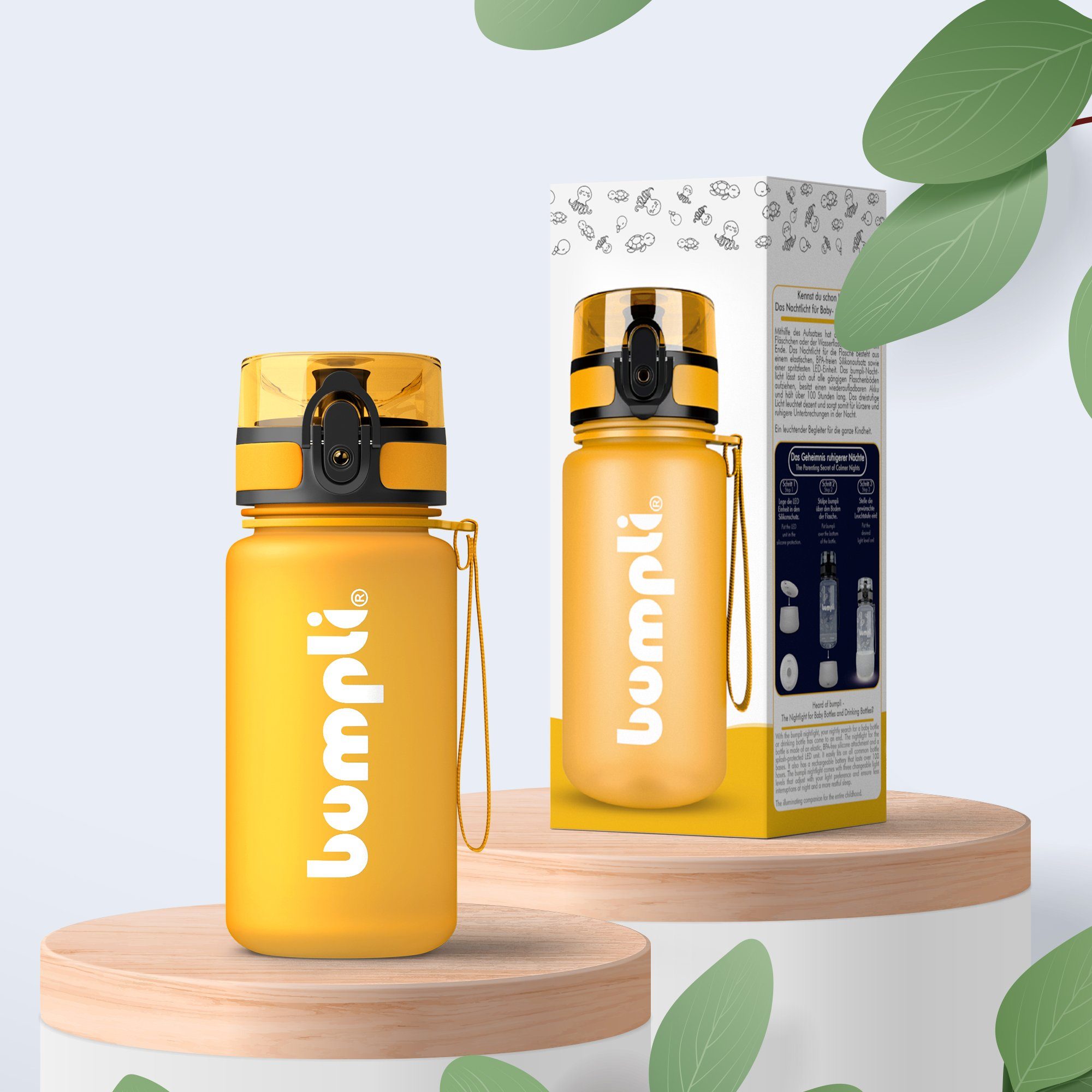 bumpli® 1-Klick-Verschluss & Orange (softTouch) Sportflasche, Trinkflasche Trinkflasche Handschlaufe BPA-frei, 350ml auslaufsicher, Wasserflasche, Kinder