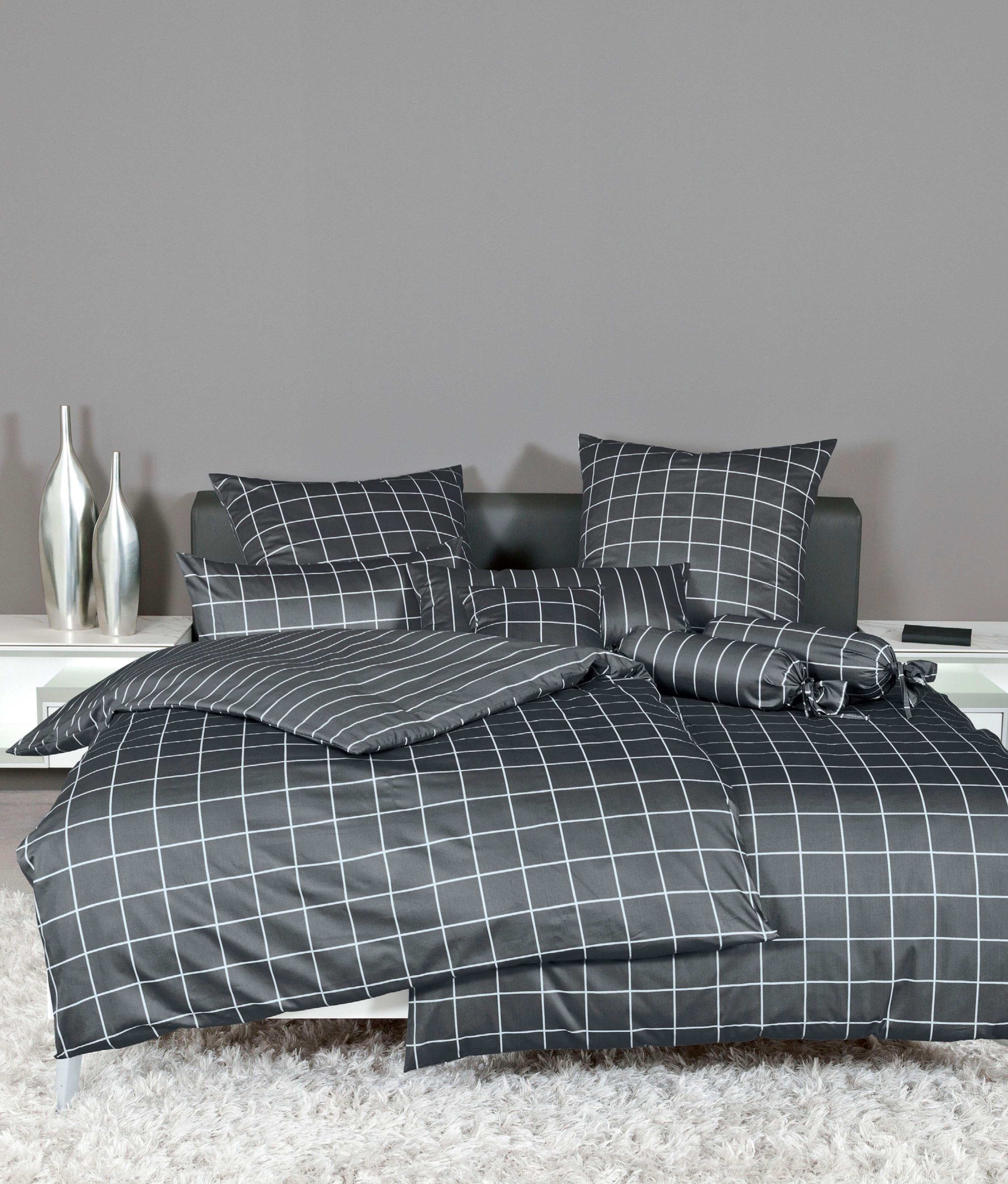 Janine Wendebettwäsche modernclassic 39025, Mako-Satin, 2 teilig, mit Reißverschluss, 100% Baumwolle, mit Karos und Streifen