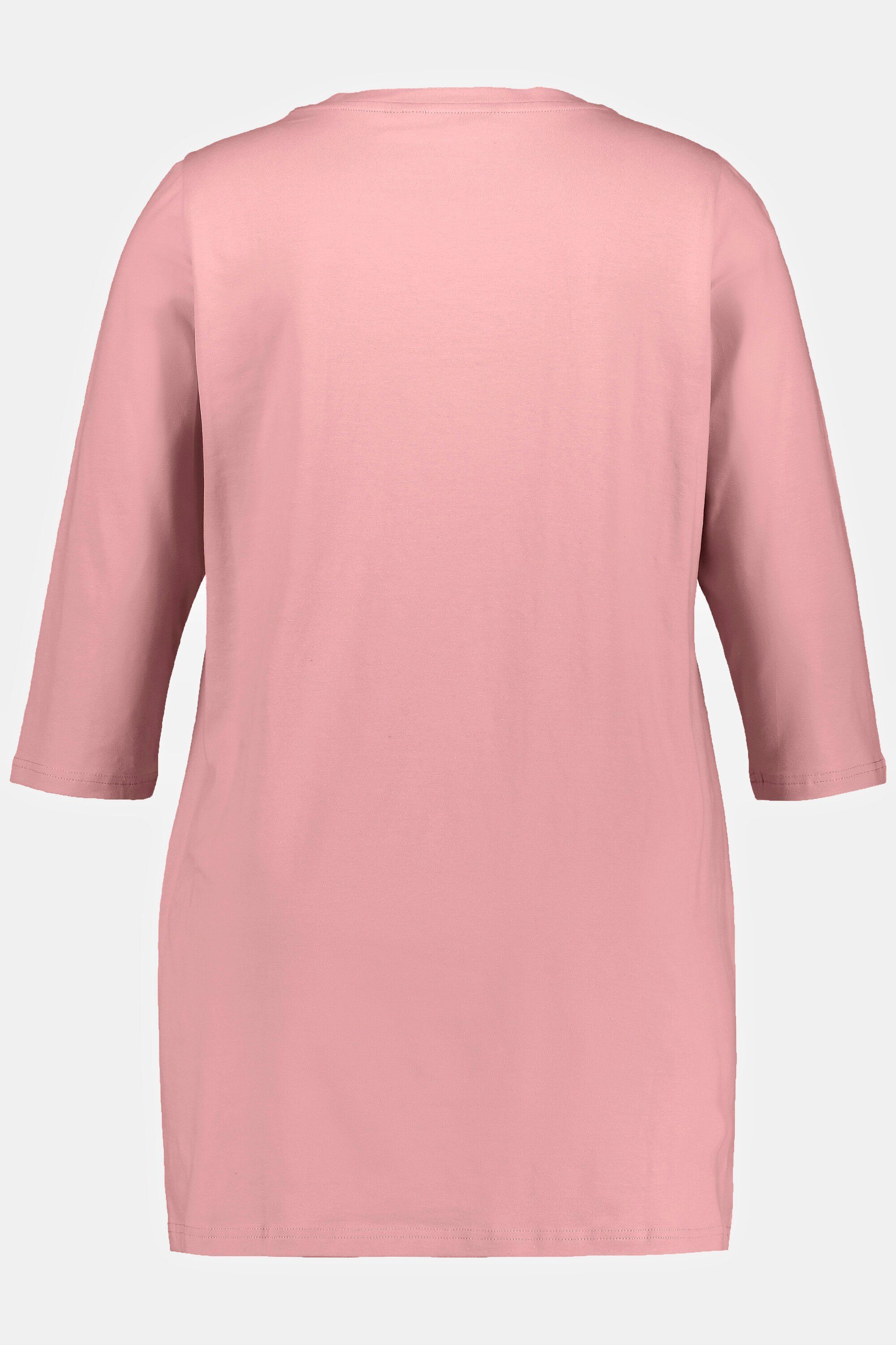 Popken V-Ausschnitt Rosa Rundhalsshirt 3/4-Arm Zierbänder Classic Shirt Ulla