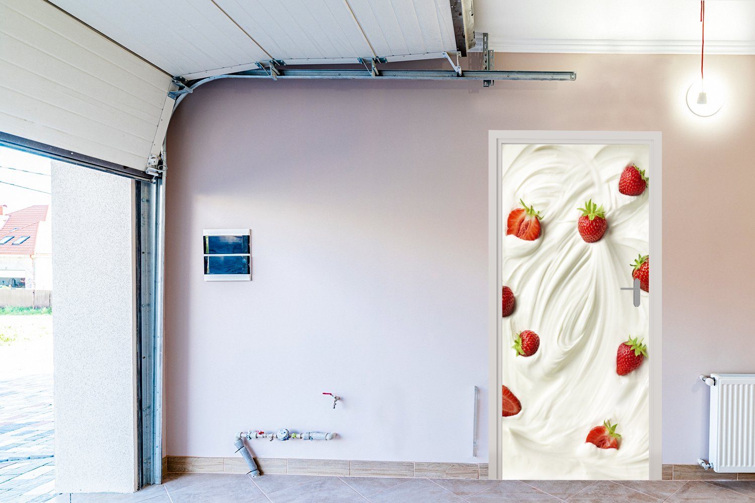 MuchoWow Türtapete (1 Rot, für 75x205 Erdbeere - Türaufkleber, Matt, cm bedruckt, St), Tür, - Fototapete Joghurt